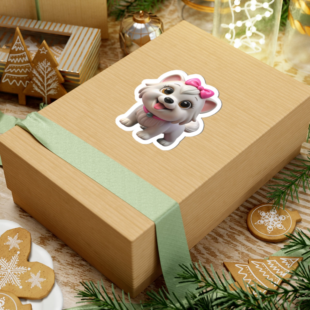 Cute White Puppy Kiss-Cut Sticker — Adorable Bow-Wearing Dog Laptop Decal