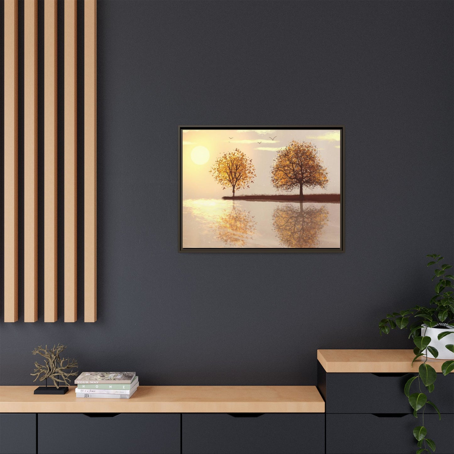 Framed Matte Canvas Wall Art — Golden Autumn Trees Reflection