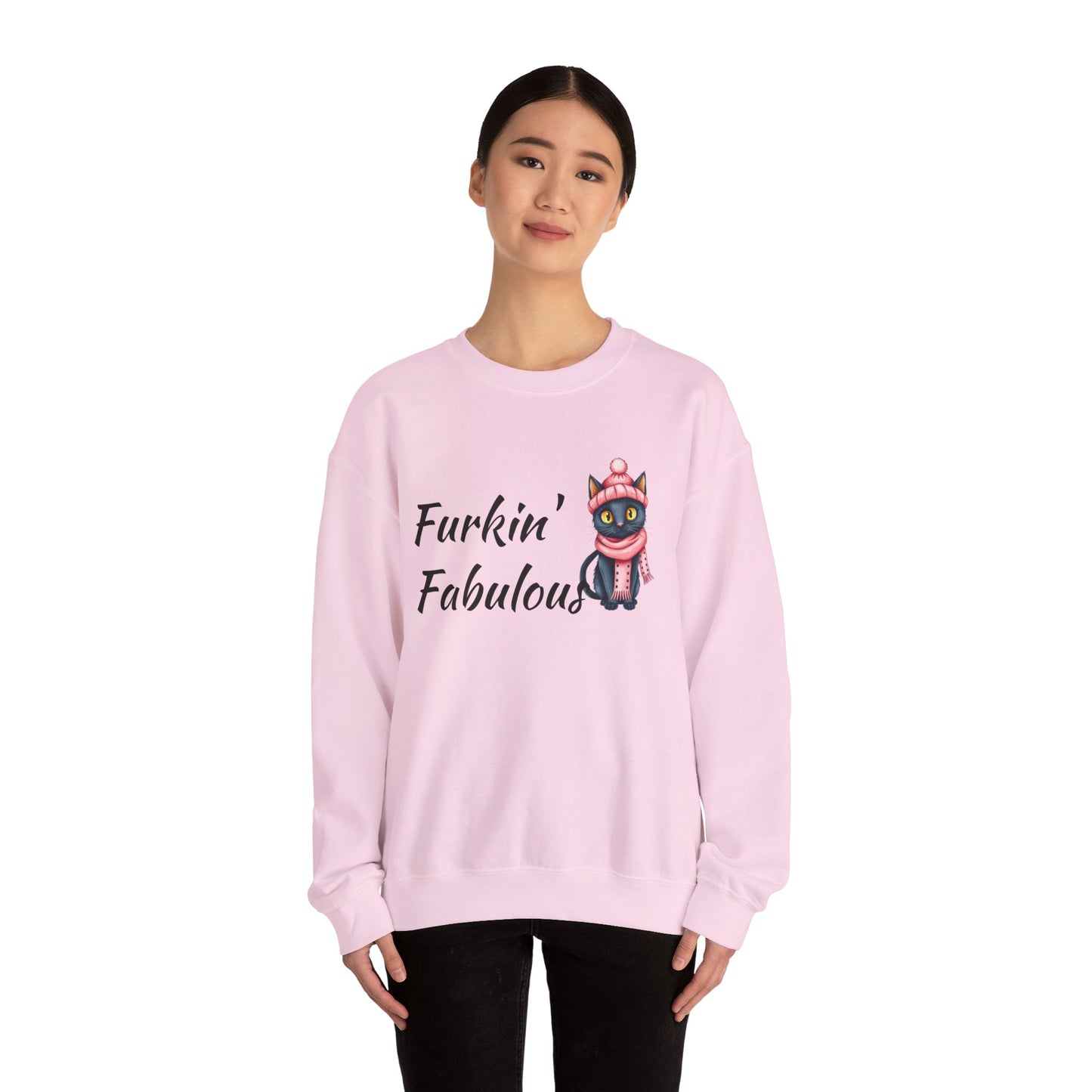 Crewneck Sweatshirt — "Furkin' Fabulous" Cute Black Cat in Pink Hat & Scarf