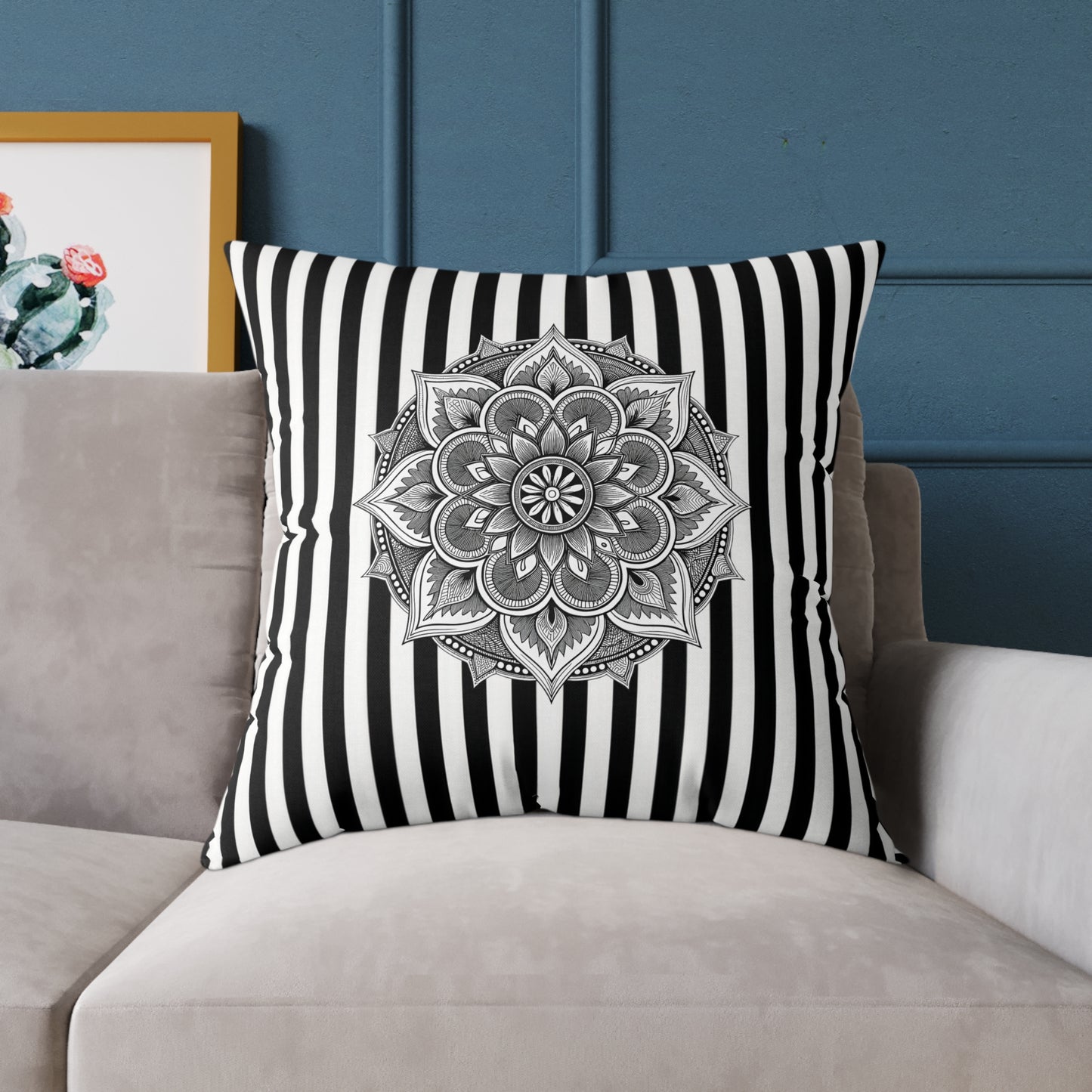 Boho Black & White Striped Mandala Pillow - Square Decorative Throw Cushion