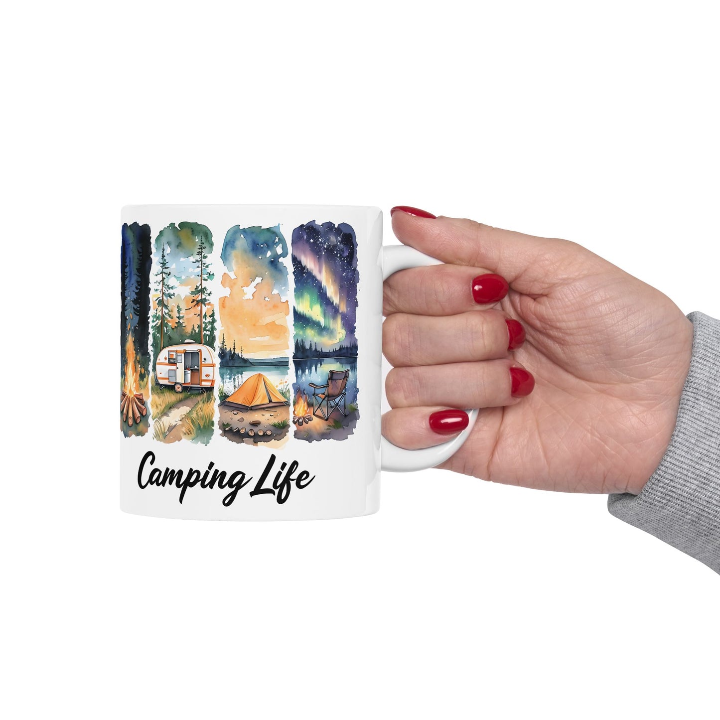 Camping Life Ceramic Mug — Scenic Campfire & Northern Lights Coffee Cup (11oz/15oz)