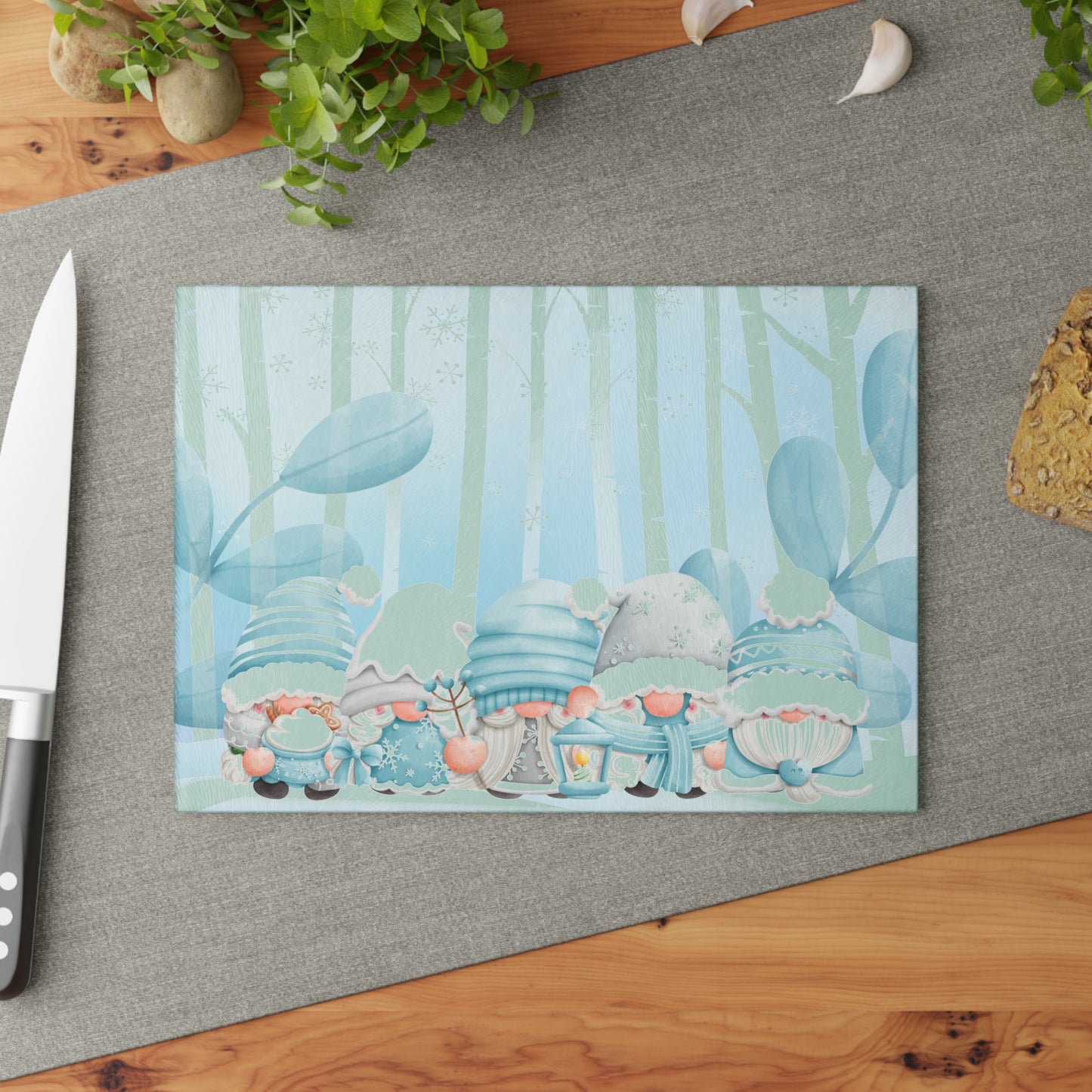 Winter Gnome Glass Cutting Board - Cute Nordic Holiday Kitchen Decor