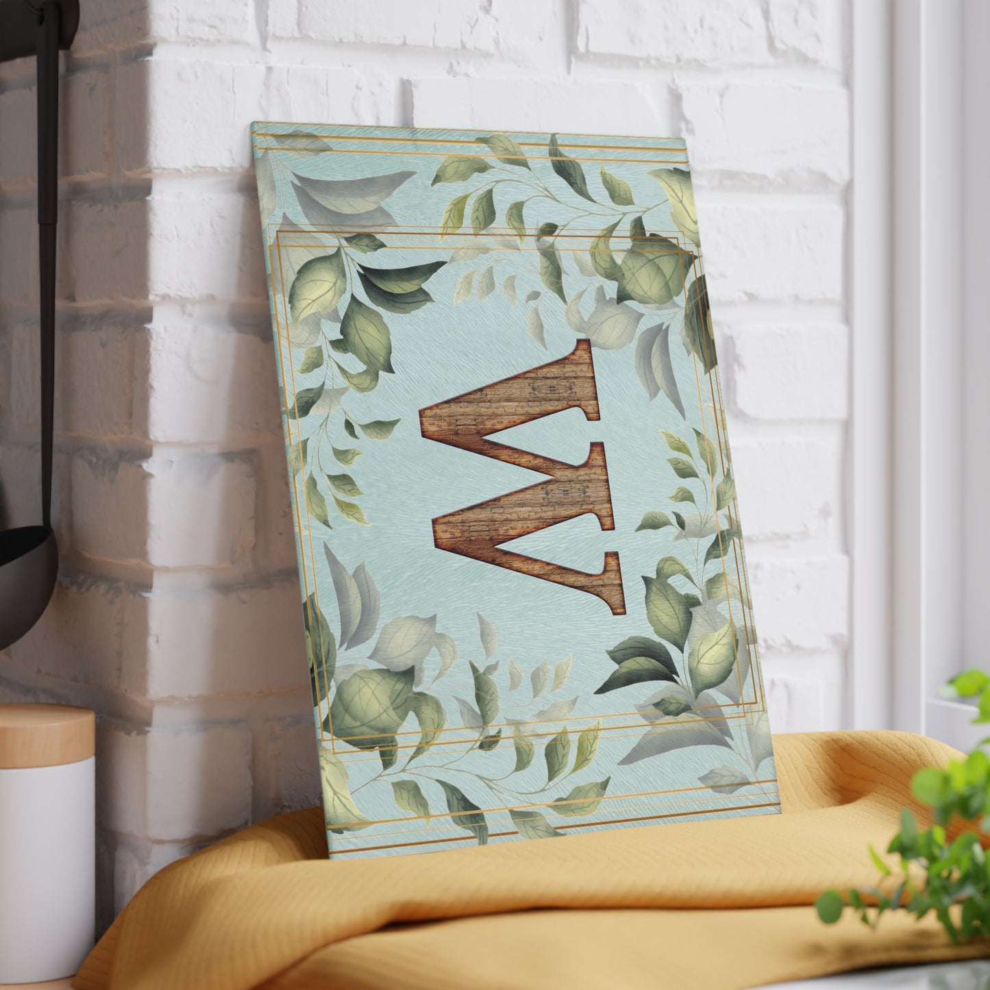Monogram Glass Cutting Board — Rustic Wood 'W' with Greenery Border
