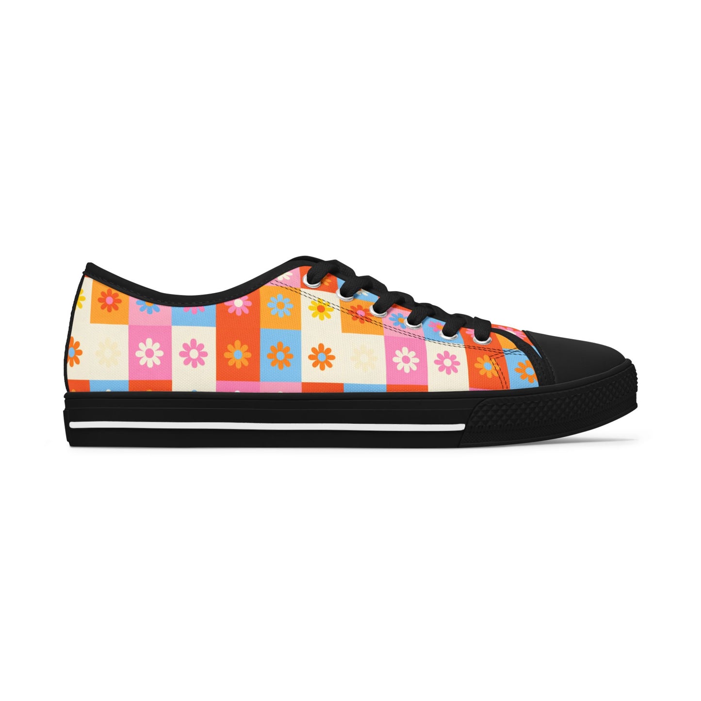 Floral Checkered Low Top Sneakers — Retro 60s-Inspired Casual Shoes