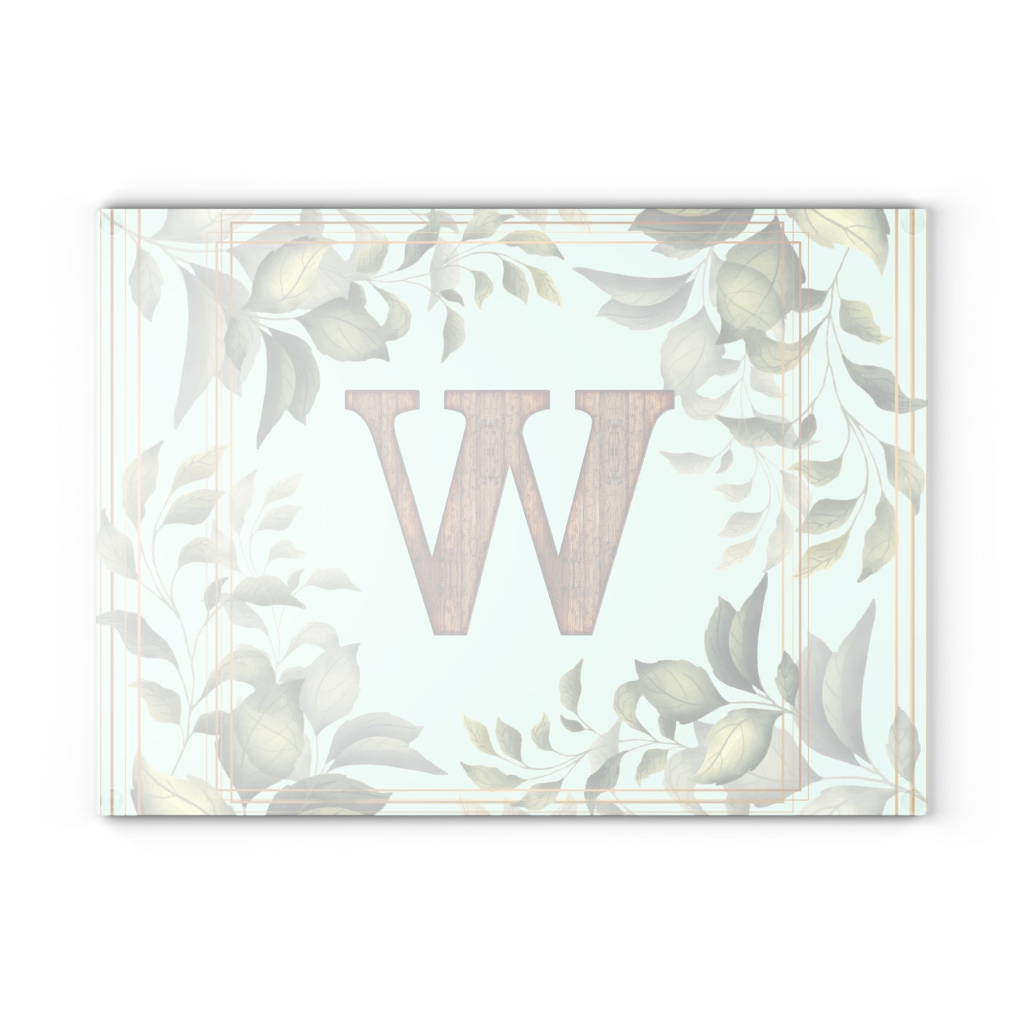 Monogram Glass Cutting Board — Rustic Wood 'W' with Greenery Border