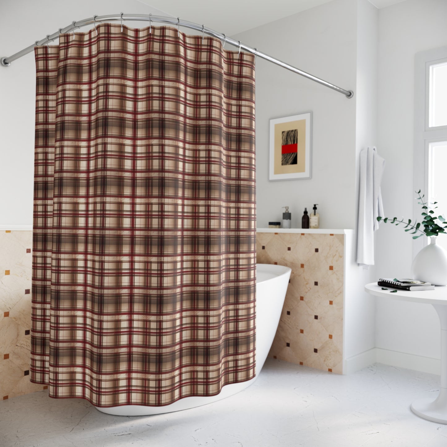 Plaid Shower Curtain — Rustic Brown & Red Tartan Bathroom Decor