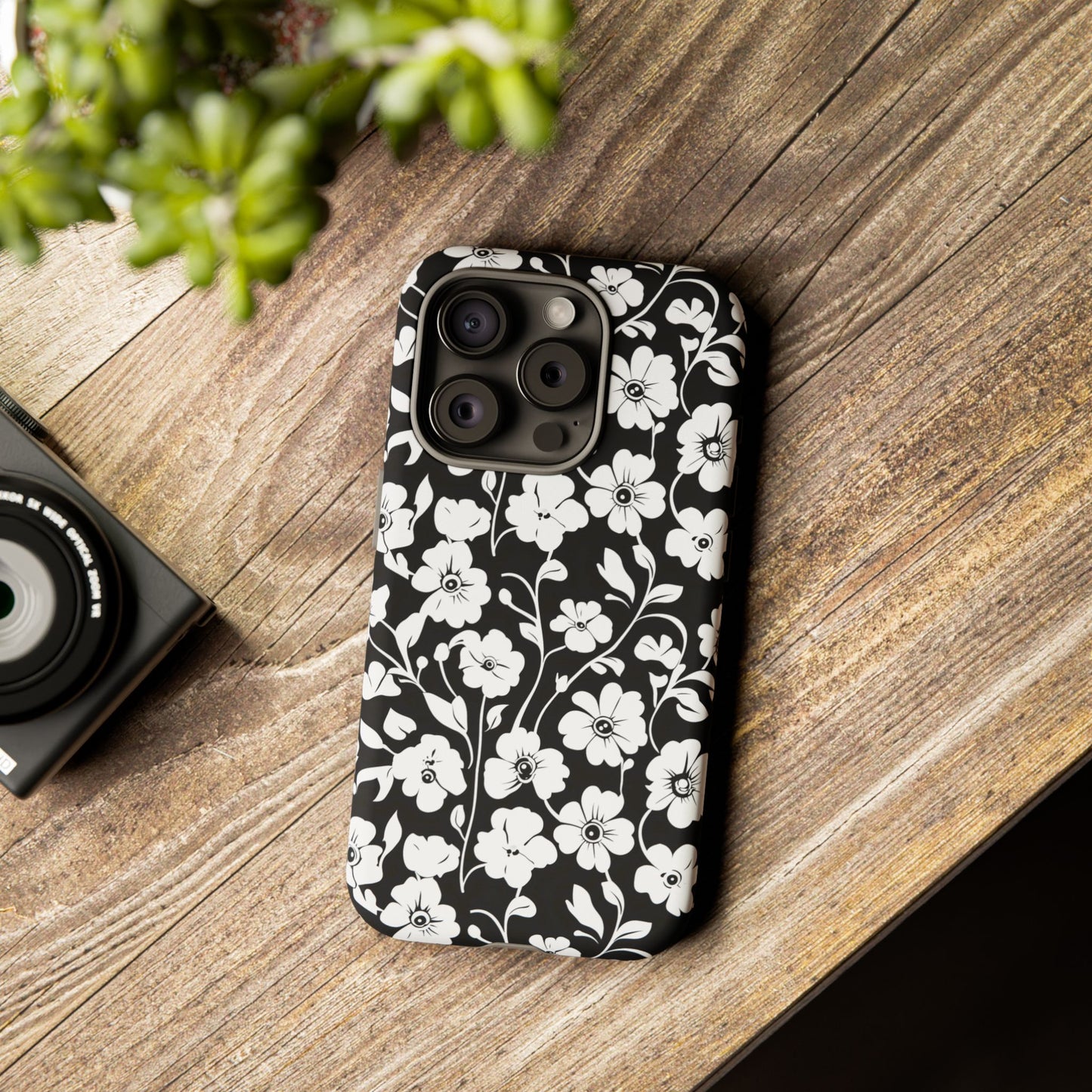 Floral Noir Tough Phone Case — Black & White Flower Protective Cover