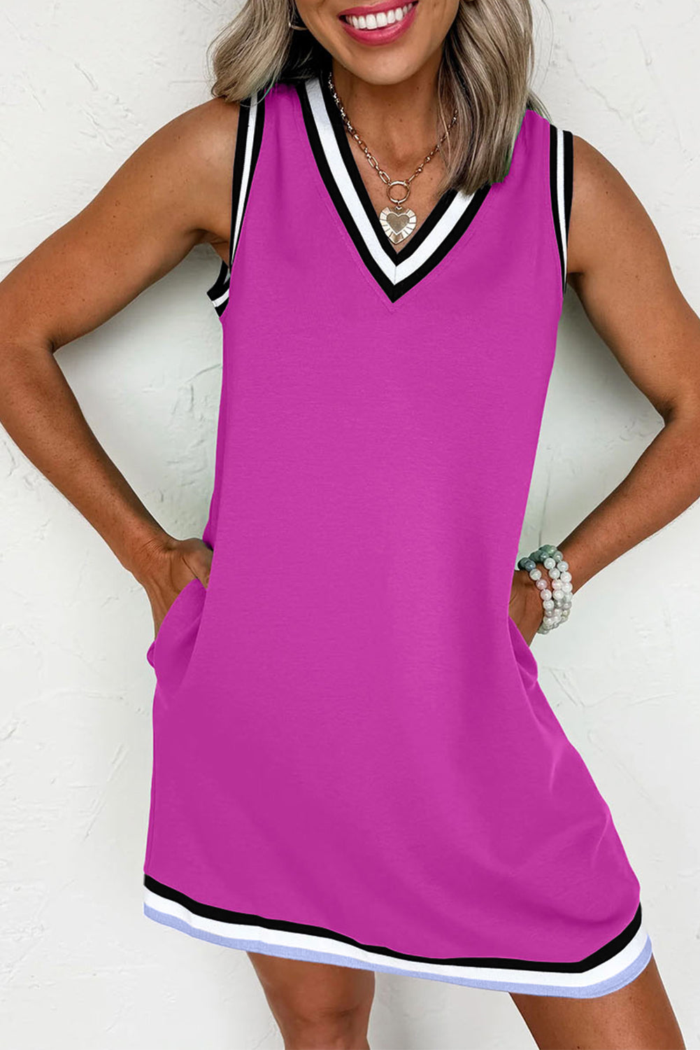 Purple Orchid Color Contrast Trim V Neck Shift Sleeveless Mini Dress