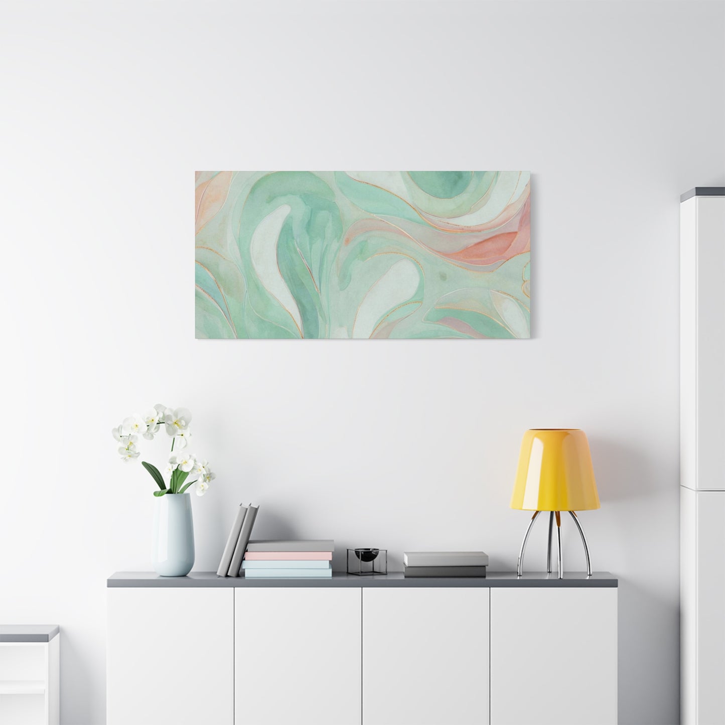 Abstract Green Marble Canvas Print — Teal & Coral Swirl Wall Art