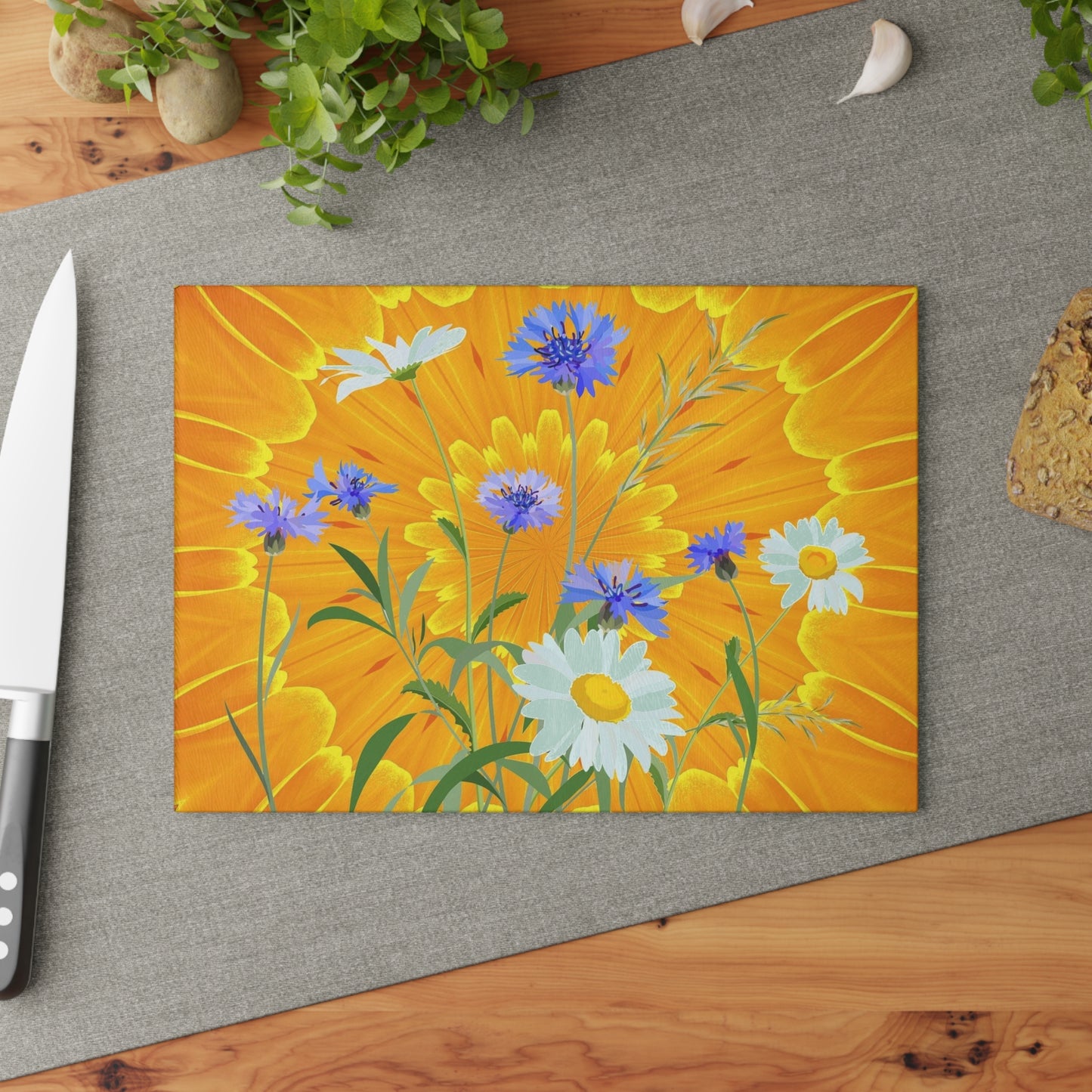 Glass Cutting Board — Bright Sunflower & Wildflower Kitchen Cutting Board