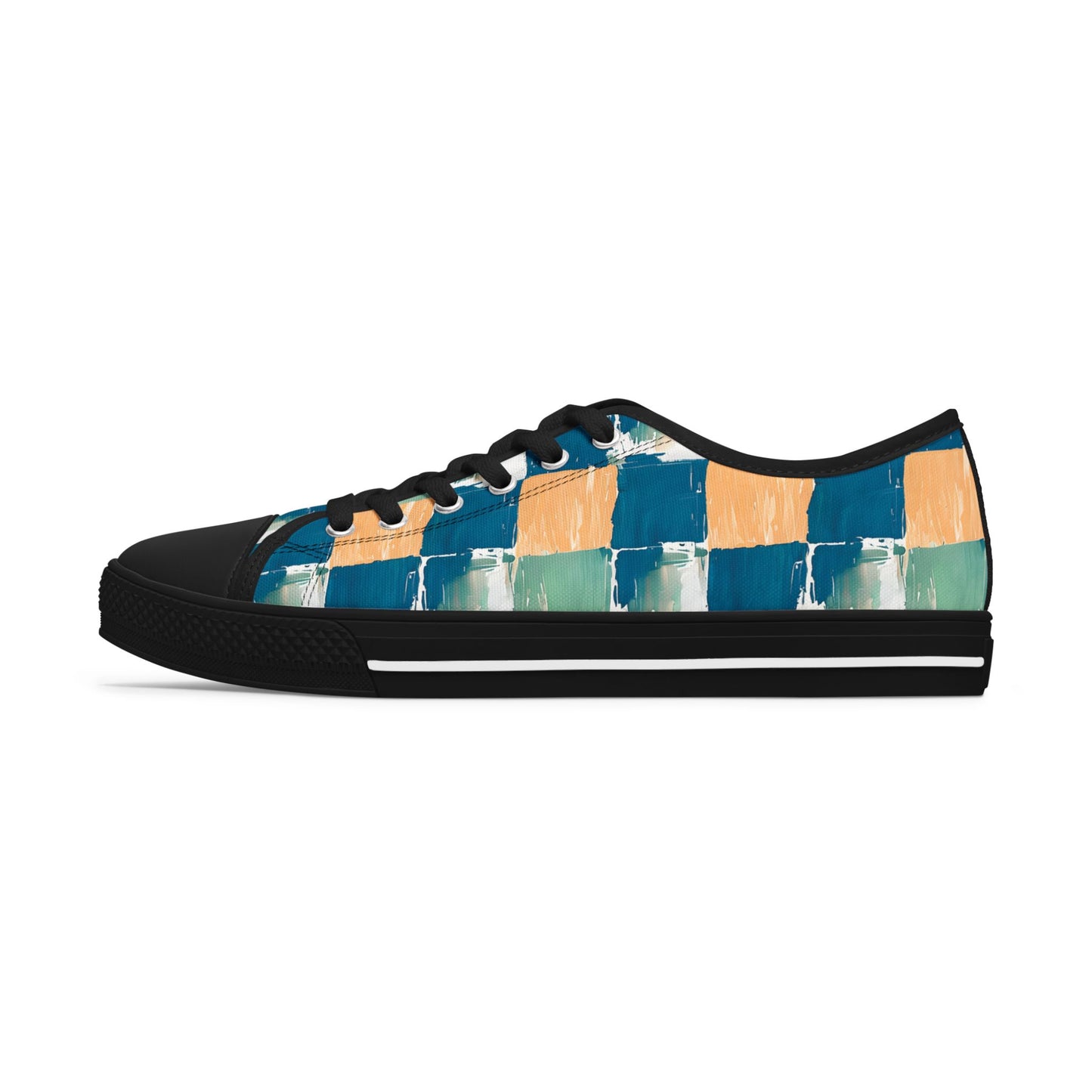 Canvas Sneakers — Hand-Painted Checkerboard in Teal, Orange & Mint
