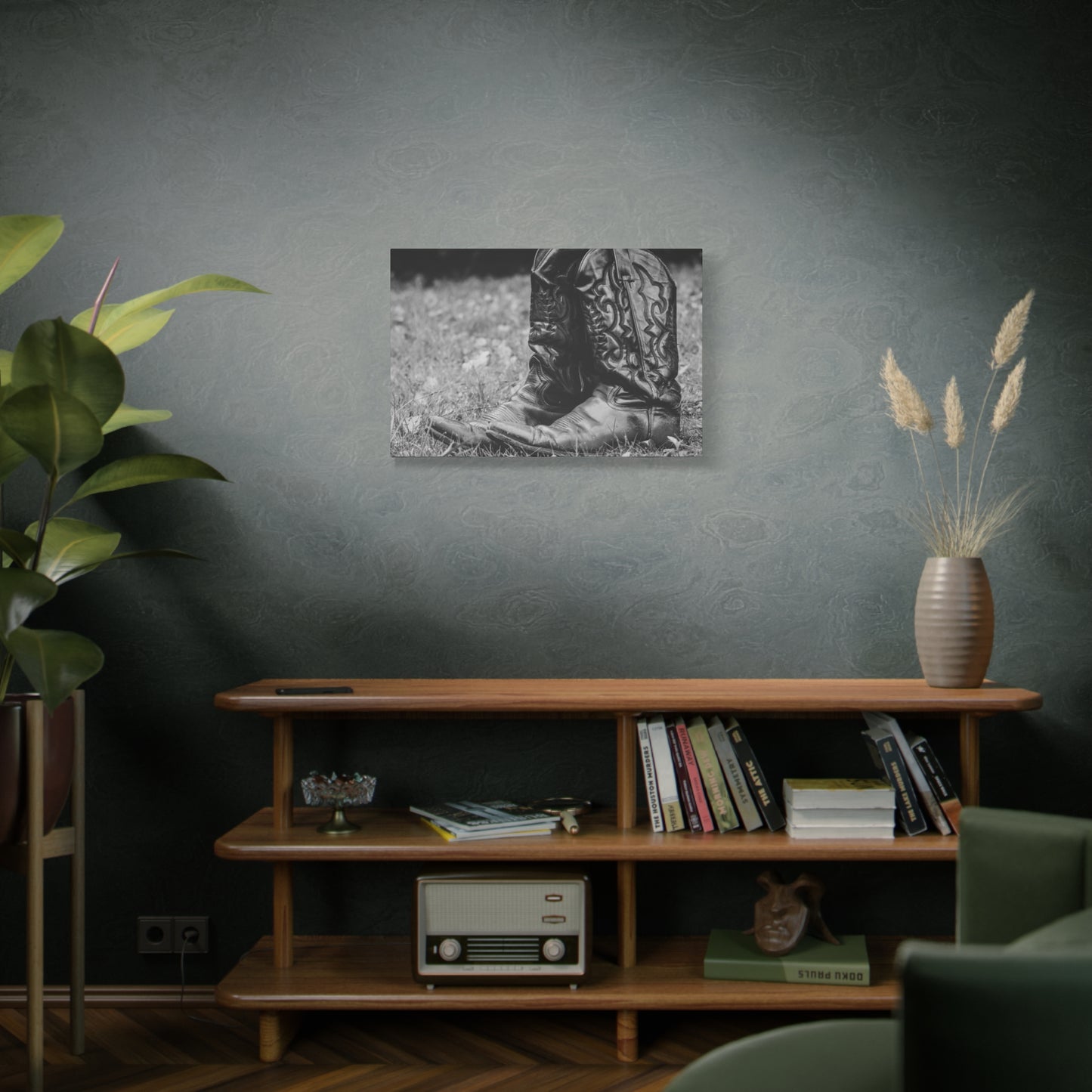Western Cowboy Boots Matte Canvas Wall Art – Black & White Rustic Country Decor