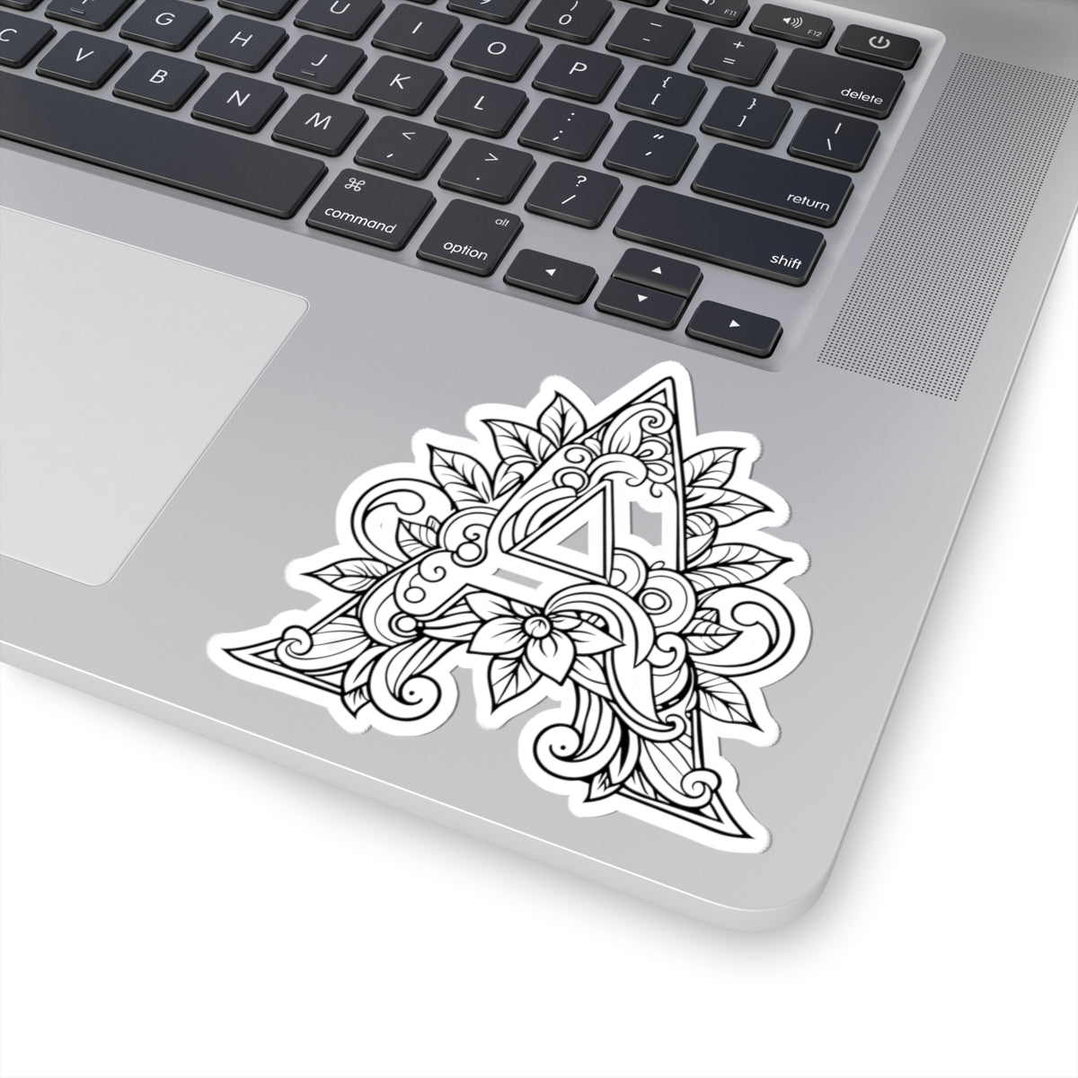 Floral Mandala Letter A Kiss-Cut Sticker — Decorative Monogram Laptop Decal