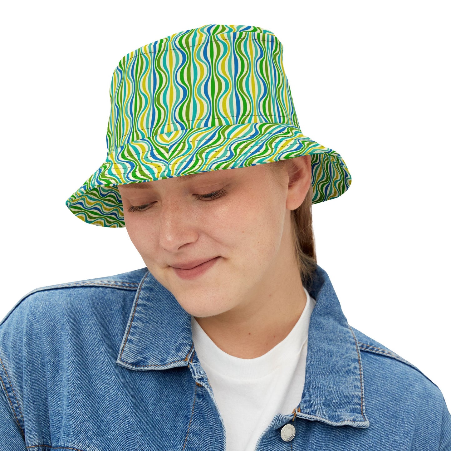 Green Wave Pattern Bucket Hat — Retro Groovy Summer Sun Hat