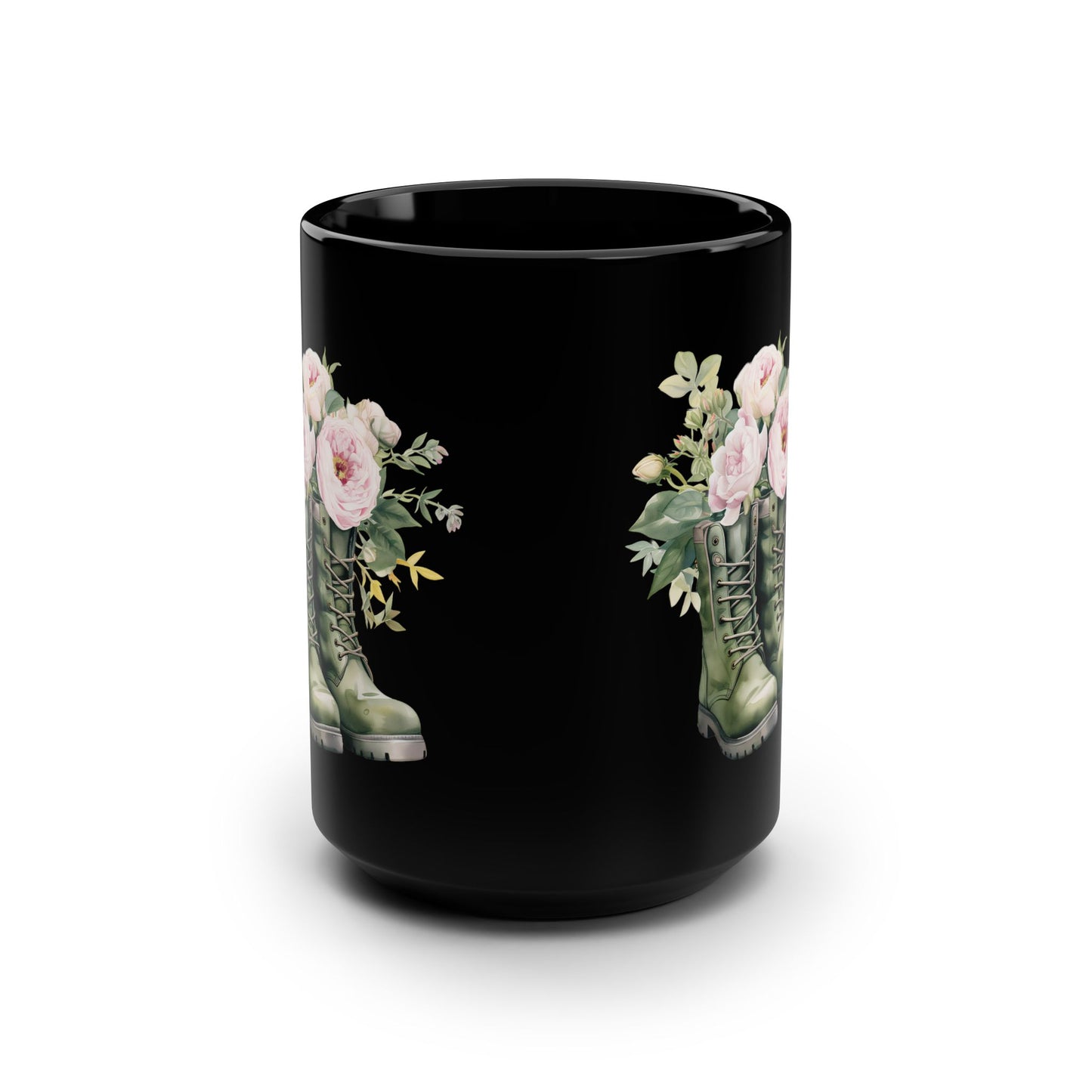 Floral Combat Boots Black 15oz Mug — Rustic Military Flower Coffee Cup