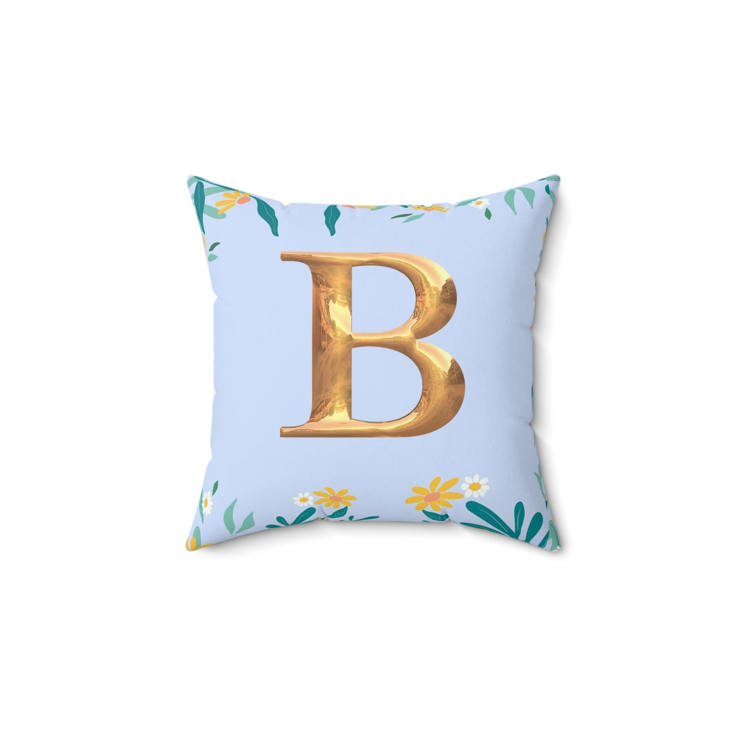 Floral Border Square Pillow — Light Blue Daisy Accent Cushion