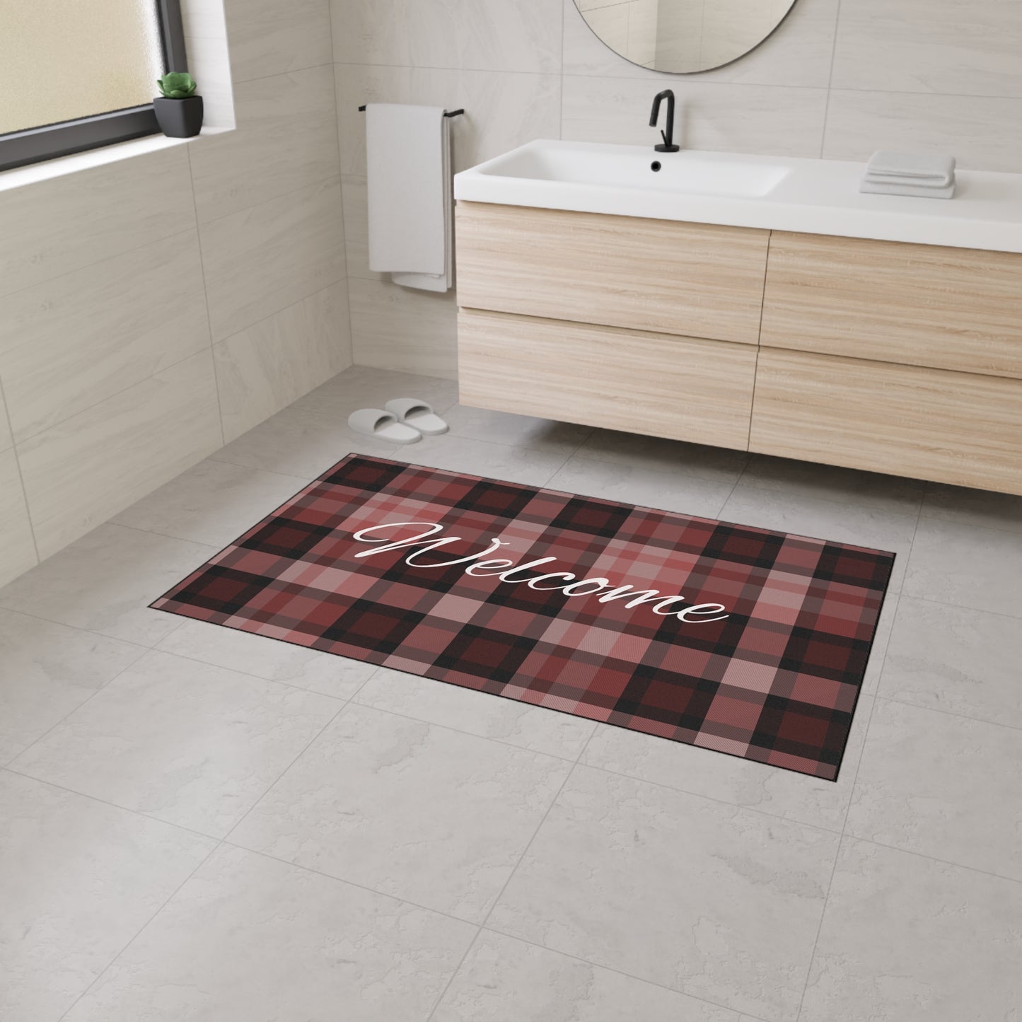 Welcome Plaid Heavy-Duty Floor Mat — Red Buffalo Check Doormat