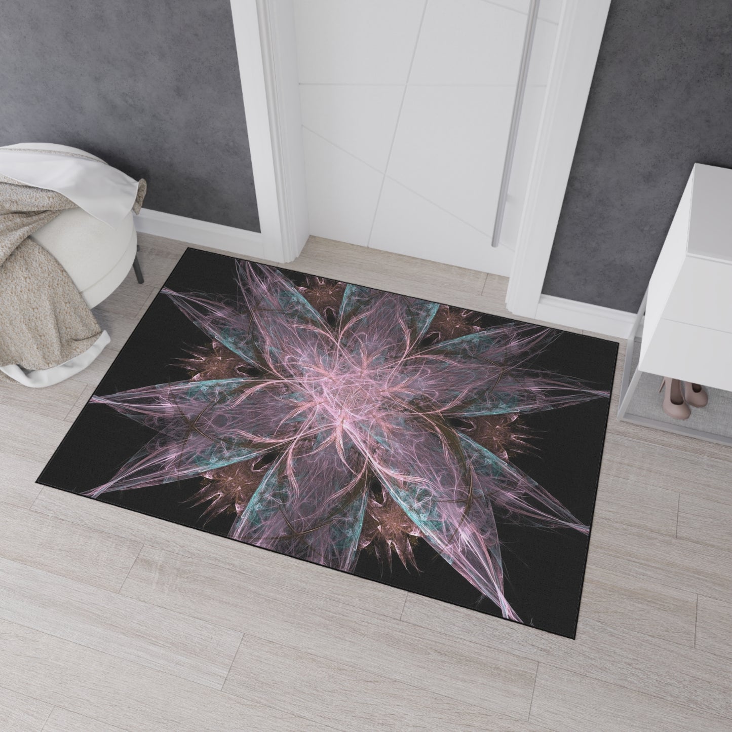 Abstract Floral Mandala Heavy-Duty Floor Mat — Pink Teal Fractal Design
