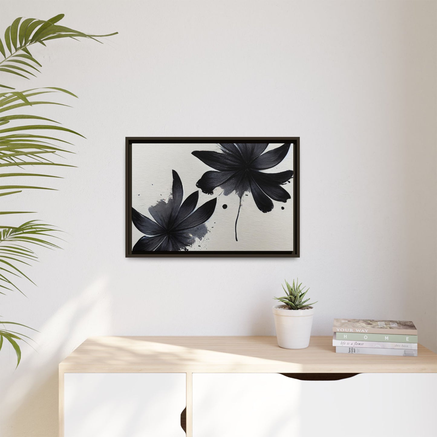 Framed Black Floral Matte Canvas Wall Art — Monochrome Botanical Print