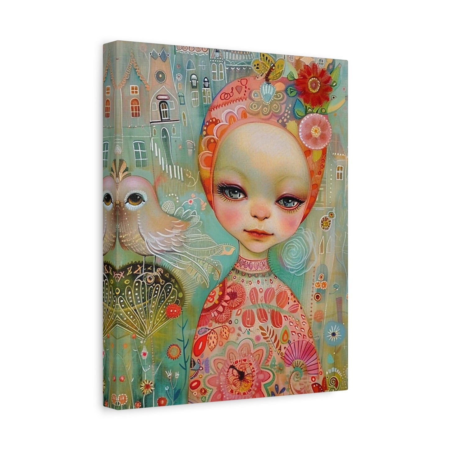 Whimsical Girl & Bird Matte Canvas Wall Art — Stretched Decorative Painting