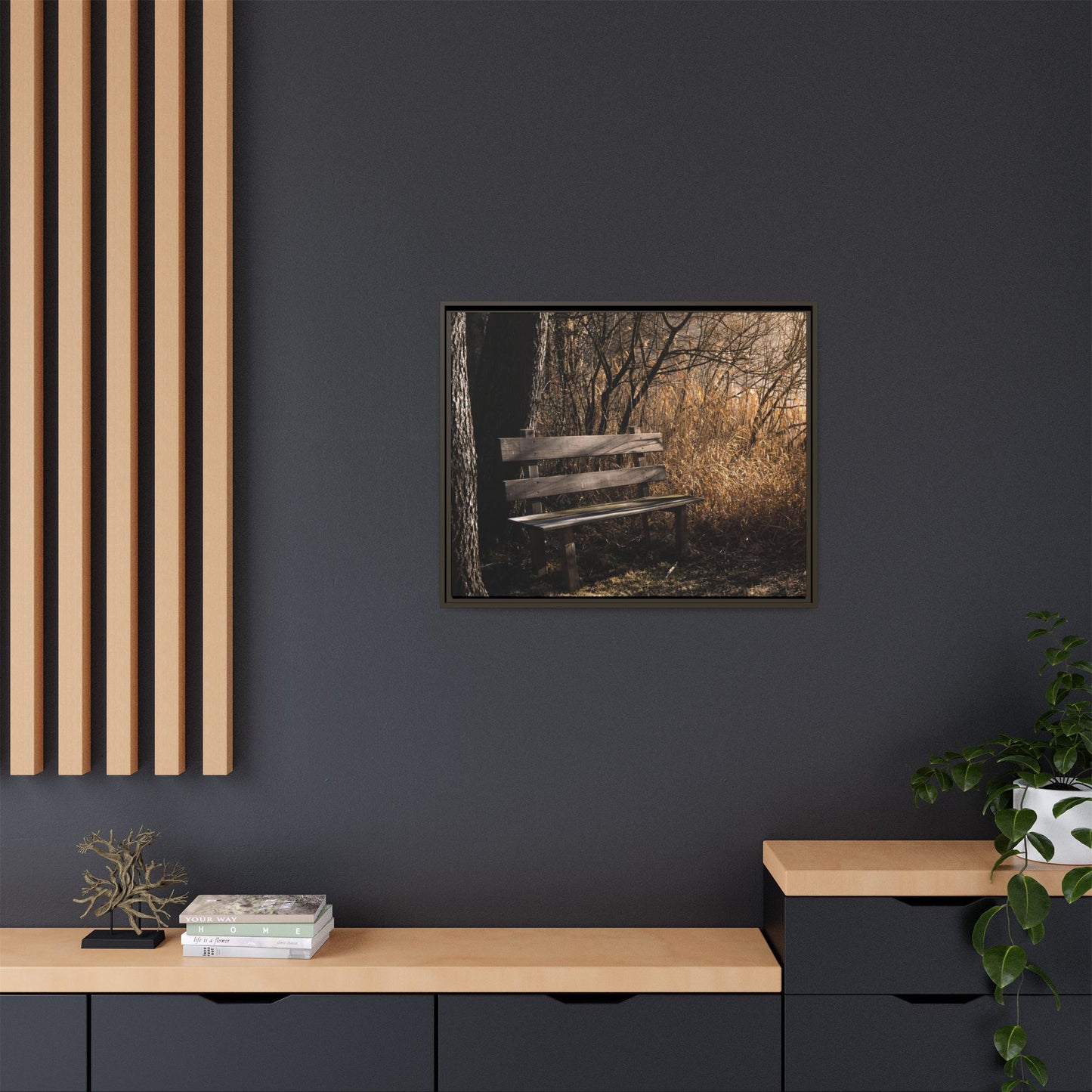 Framed Matte Canvas Print — Autumn Park Bench Photography