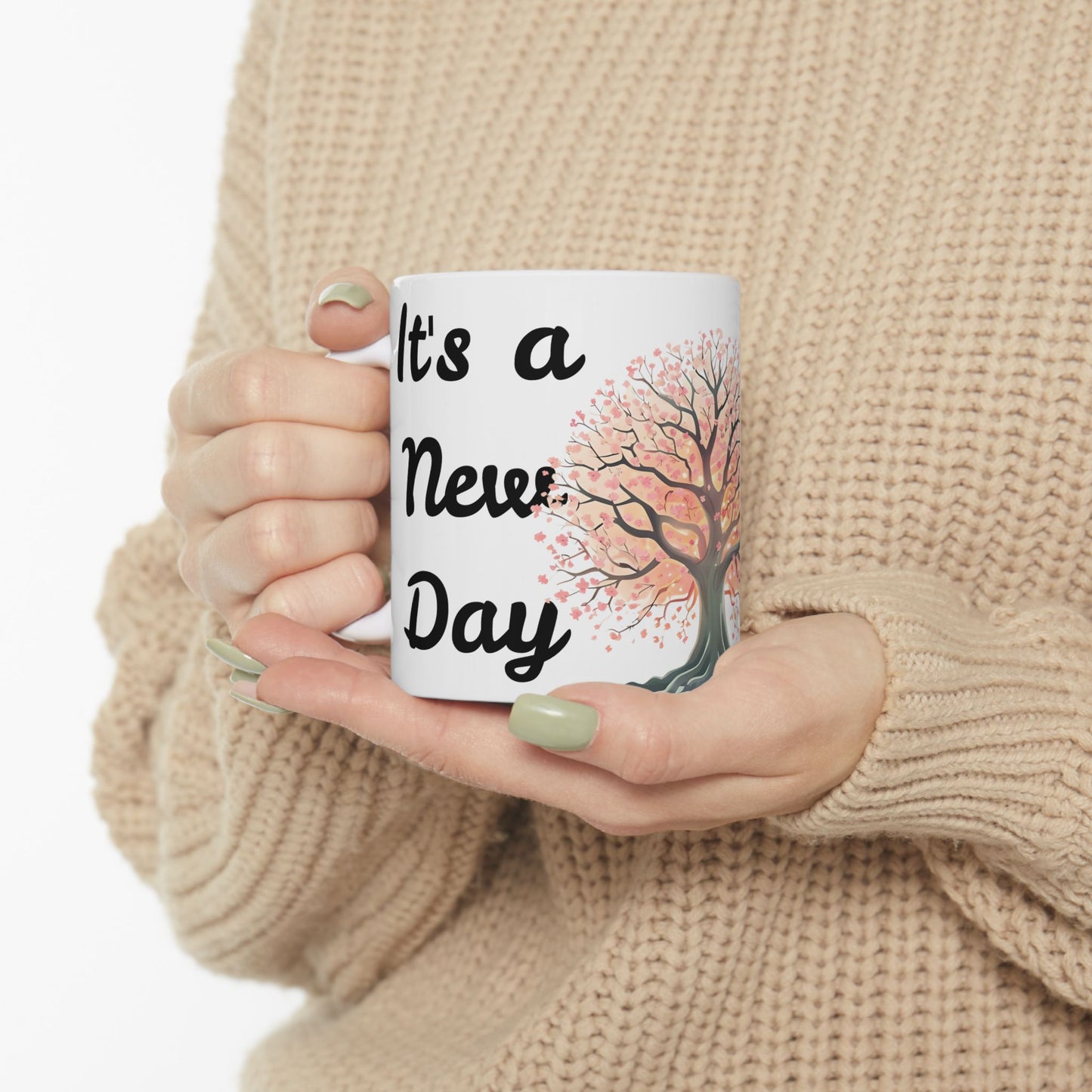 Inspirational Tree Ceramic Mug - "It's a New Day" Coffee Cup (11oz, 15oz)