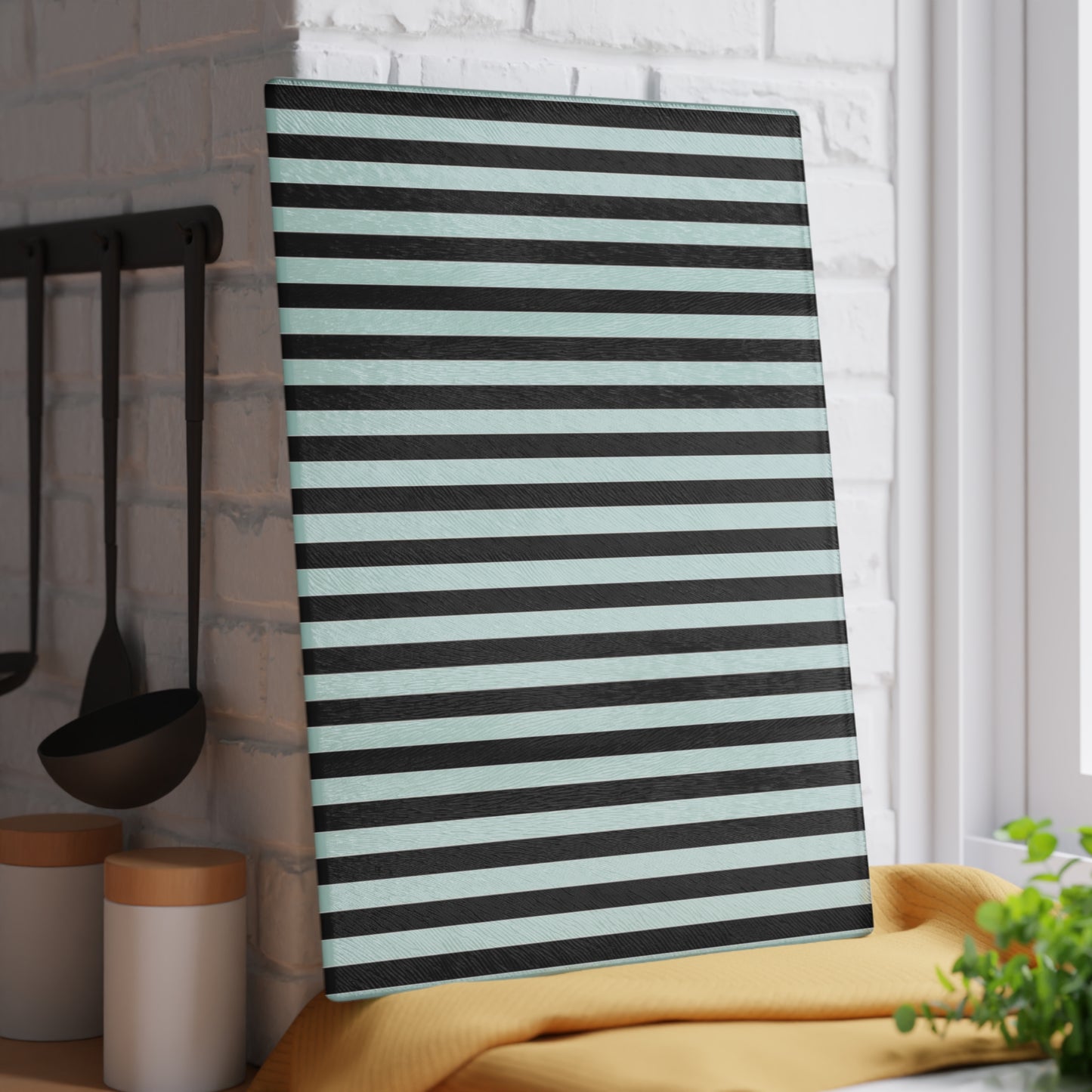 Striped Glass Cutting Board – Black & Mint Vertical Stripe Kitchen Board