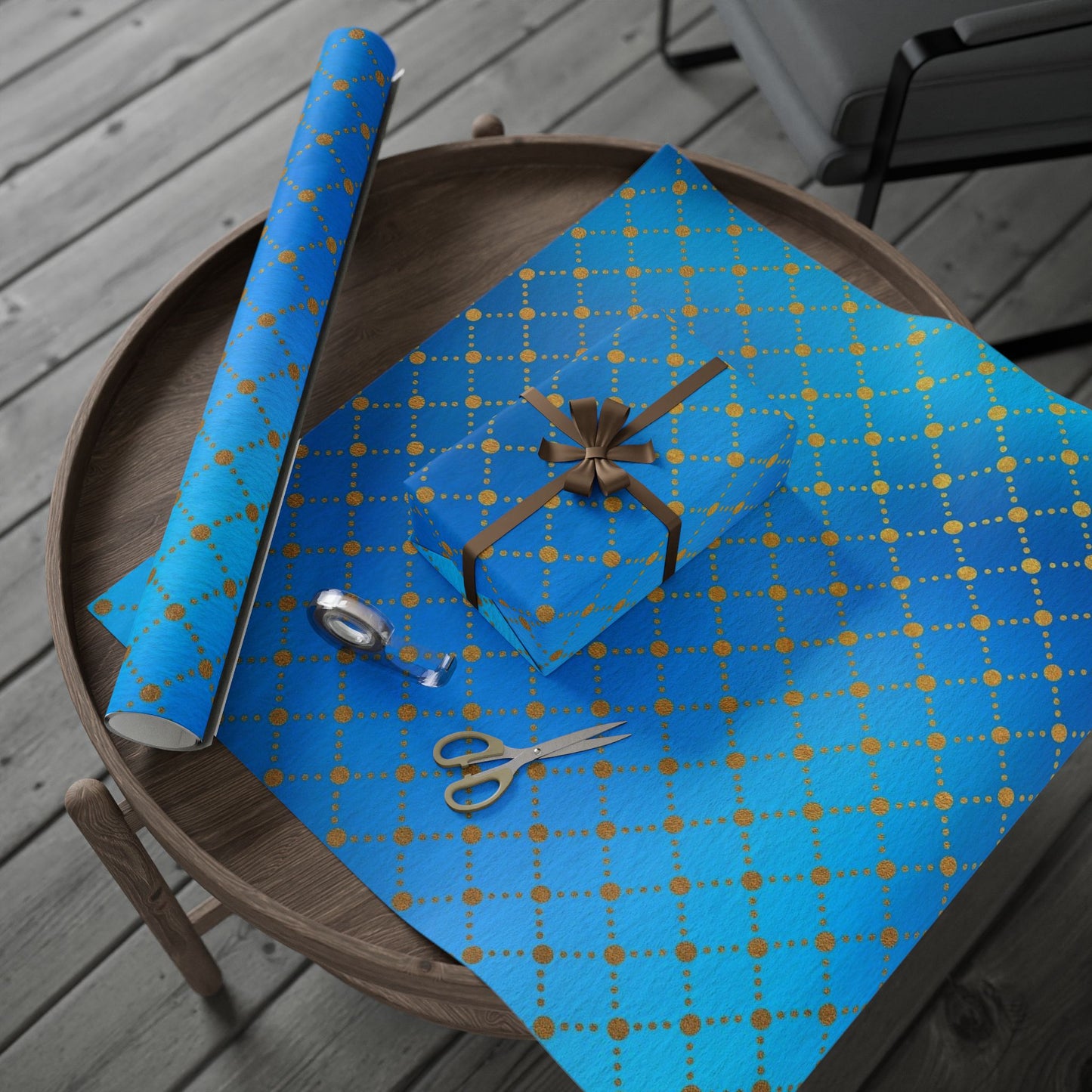 Blue Gold Dotted Swirl Wrapping Paper Roll — Decorative Gift Wrap