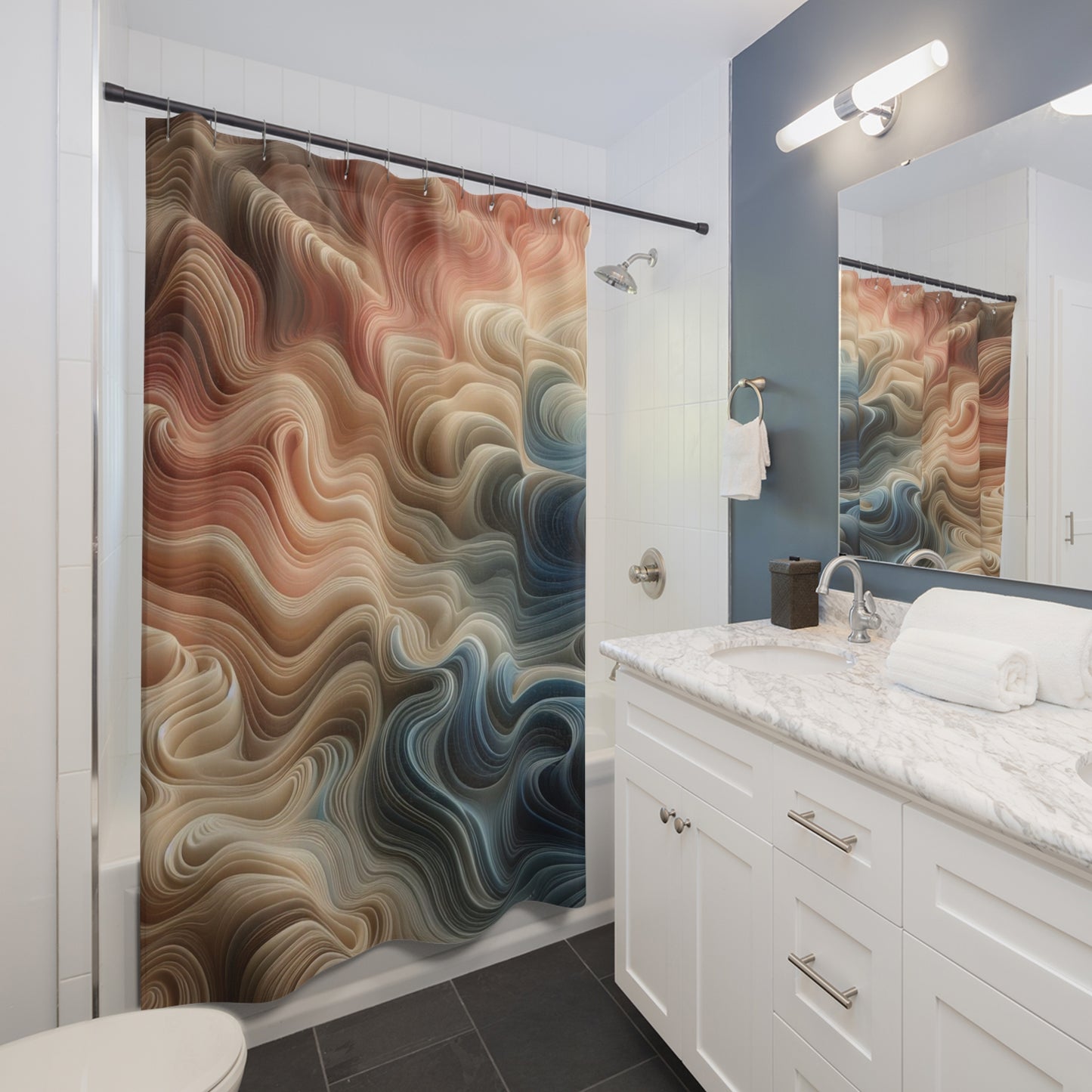 Abstract Fluid Swirl Shower Curtain — Earthy Tones Bathroom Decor