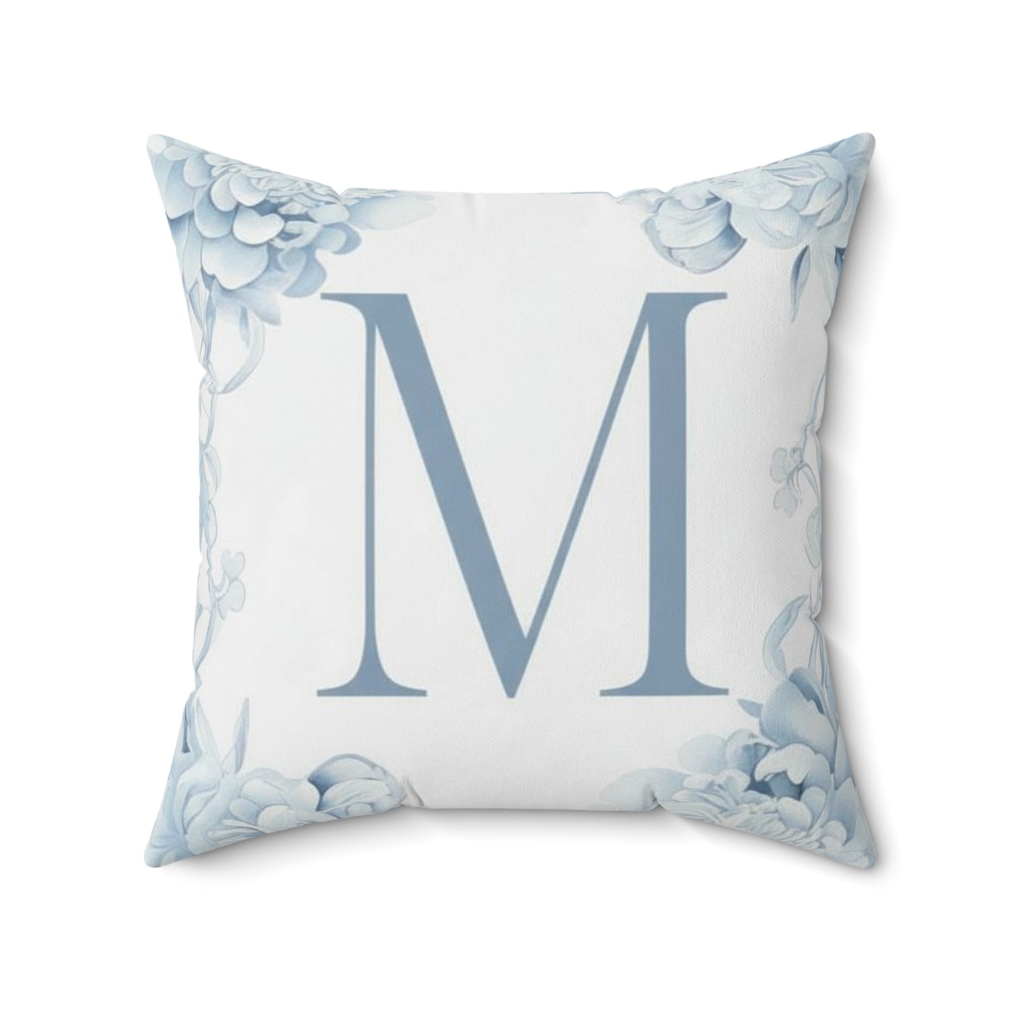 Monogram M Floral Pillow — Blue Initial Throw Pillow with insert