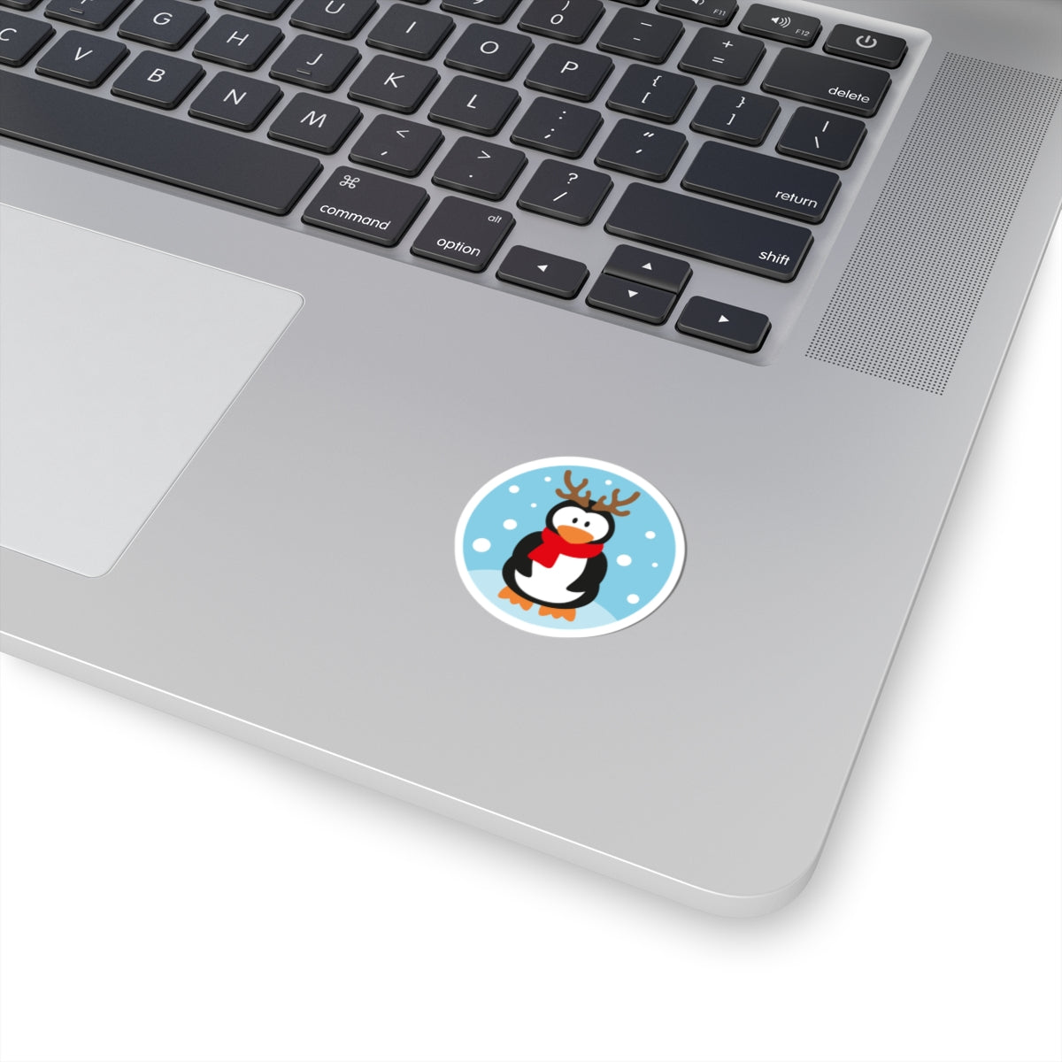 Cute Penguin with Reindeer Antlers Kiss-Cut Sticker — Winter Holiday Snow Scene