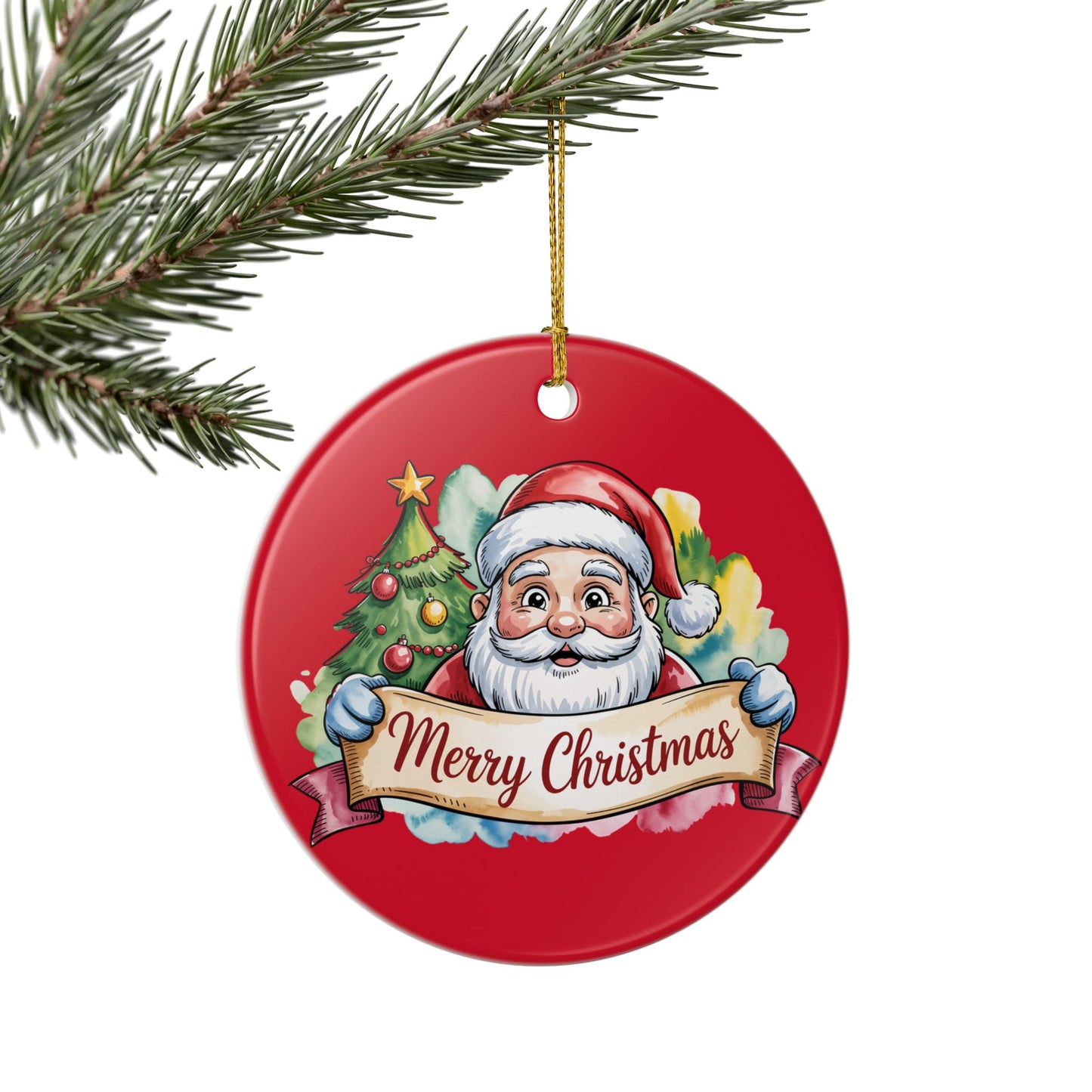 Santa Claus "Merry Christmas" Ceramic Ornament – Double-Sided Holiday Tree Decoration