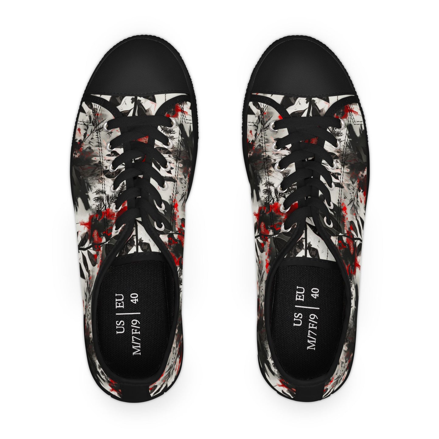 Floral Ink-Blend Low Top Sneakers — Artistic Black & Red Canvas Shoes