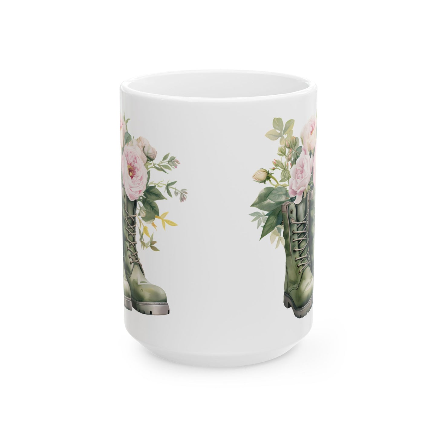 Floral Combat Boot Mug — Military Green Boot with Pink Roses Ceramic Coffee Cup (11oz & 15oz)