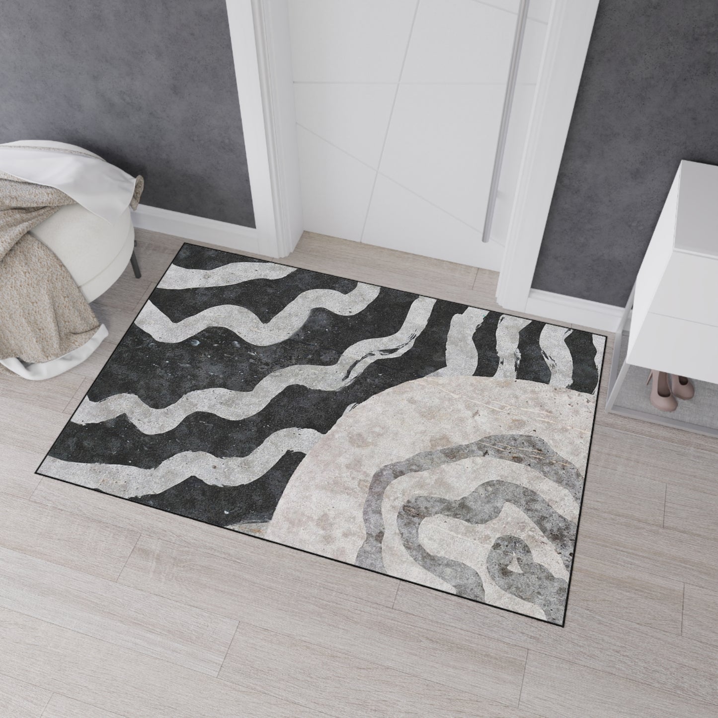 Abstract Black & Gray Heavy Duty Floor Mat — Modern Wave Rug for Entryway, Kitchen, or Office
