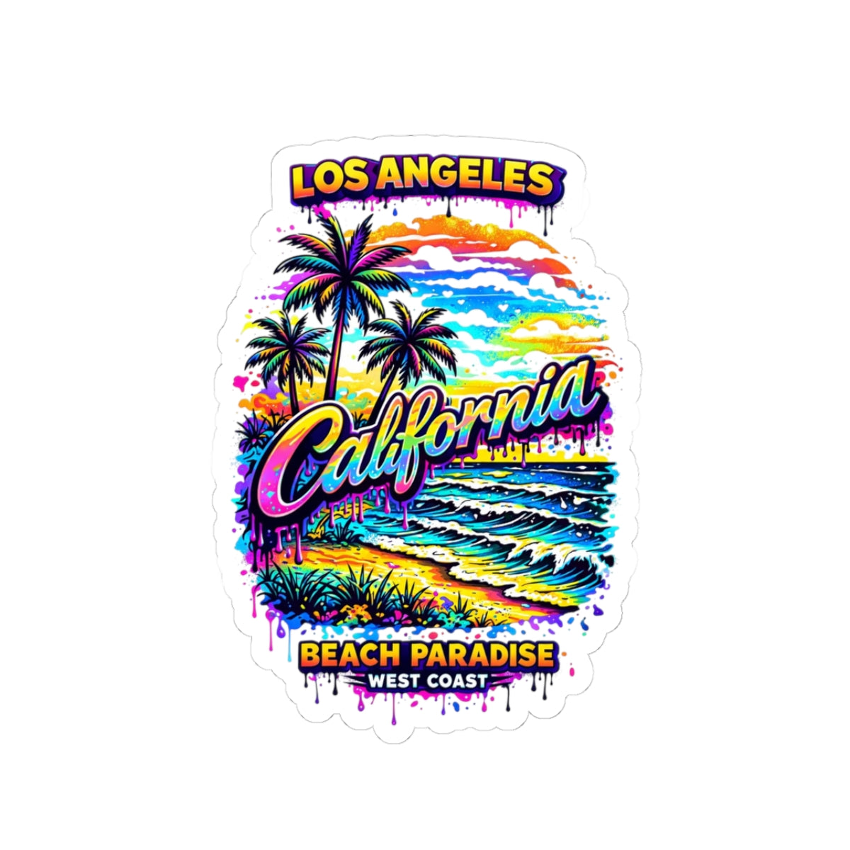 California Beach Paradise Kiss-Cut Sticker — Los Angeles Palm Tree Surf Vibes