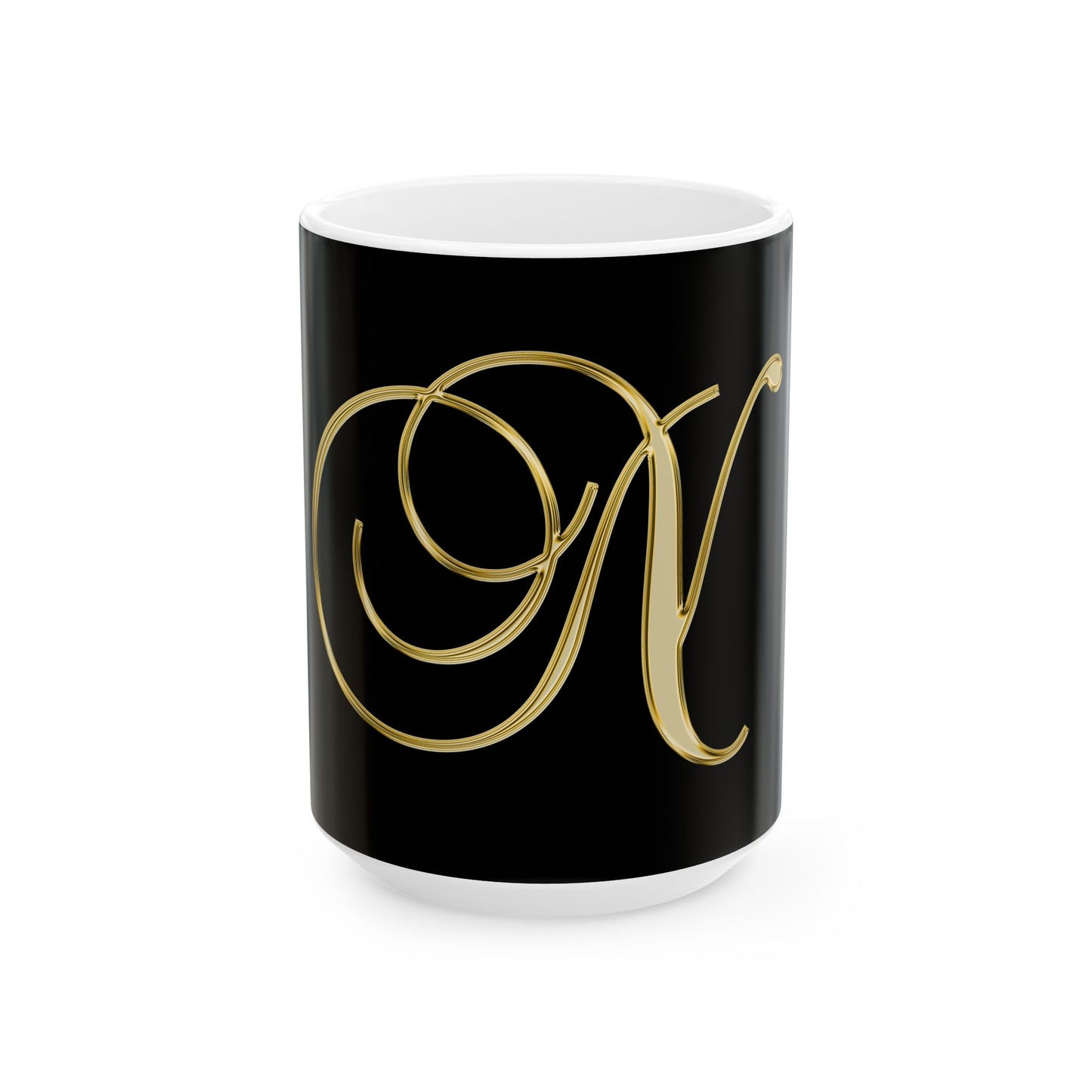 Monogram N Ceramic Mug — Gold Script Initial on Black (11oz & 15oz)
