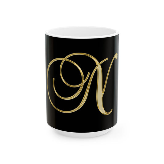 Monogram N Ceramic Mug — Gold Script Initial on Black (11oz & 15oz)