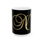 Monogram N Ceramic Mug — Gold Script Initial on Black (11oz & 15oz)