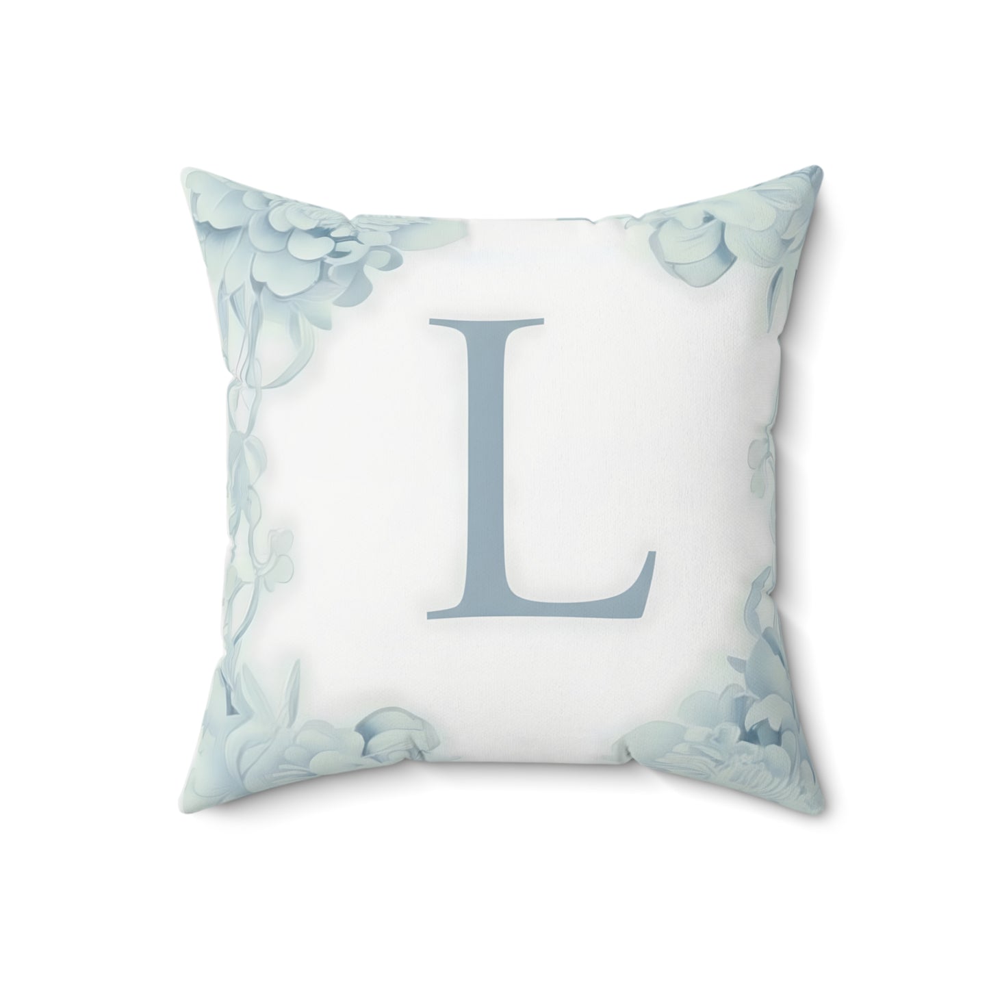 Monogram L Floral Border Decorative Pillow — Soft Blue Initial Throw Pillow