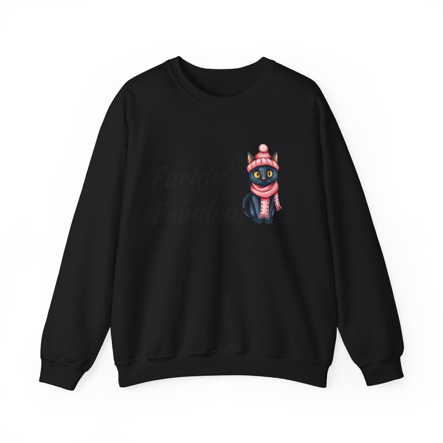 Crewneck Sweatshirt — "Furkin' Fabulous" Cute Black Cat in Pink Hat & Scarf