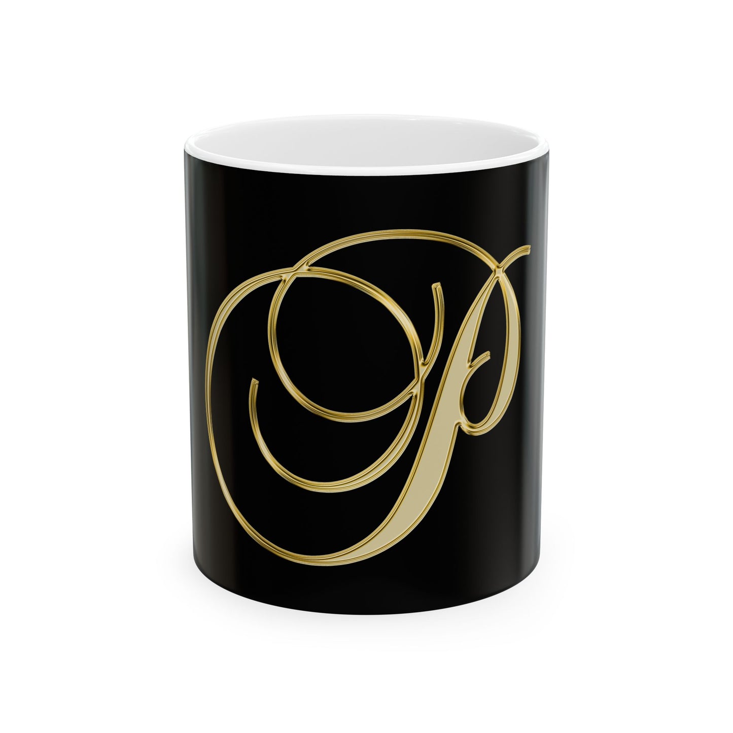 Gold Script Letter P Ceramic Mug – Elegant Monogram Coffee Cup (11oz, 15oz)
