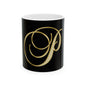 Gold Script Letter P Ceramic Mug – Elegant Monogram Coffee Cup (11oz, 15oz)