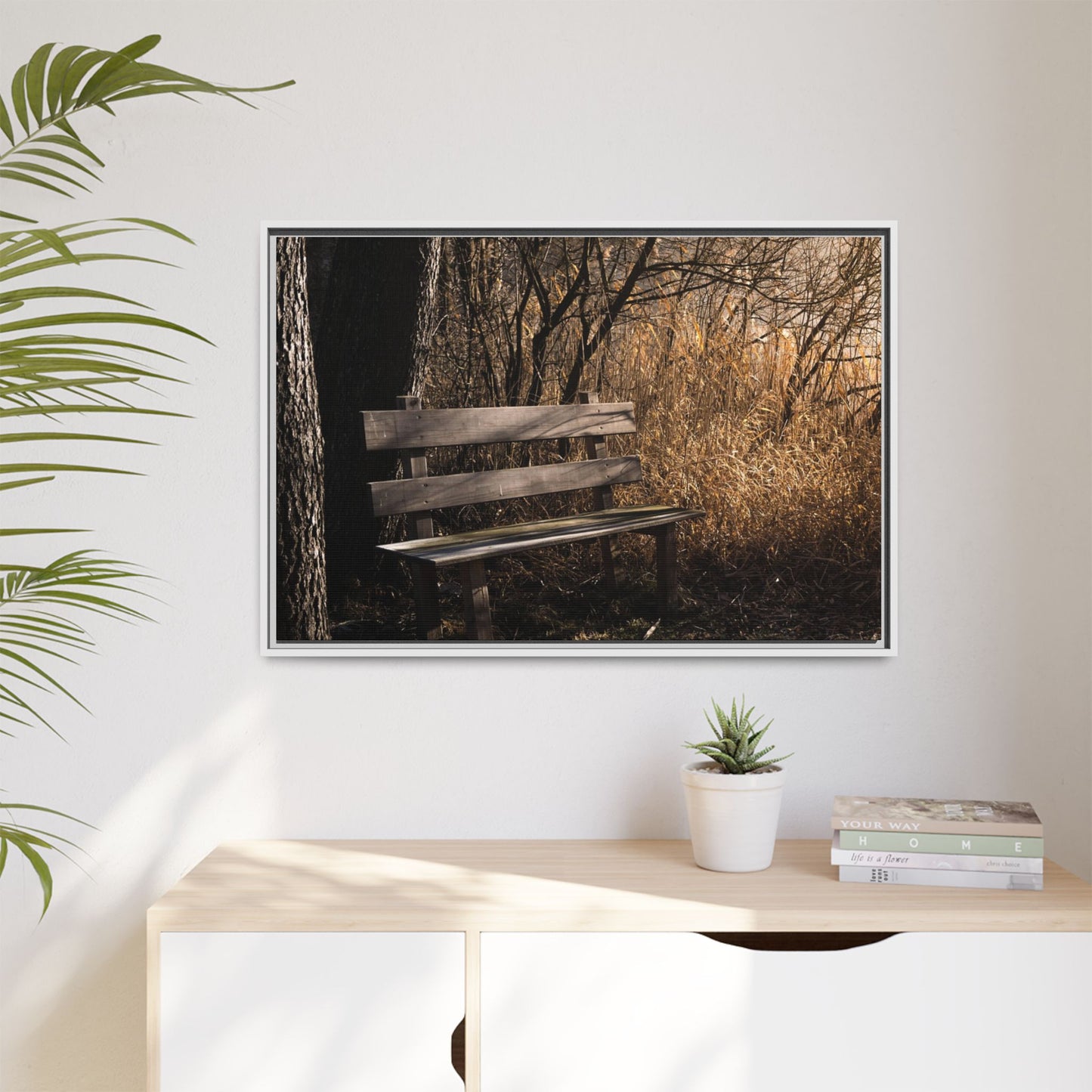 Framed Matte Canvas Print — Autumn Park Bench Photography