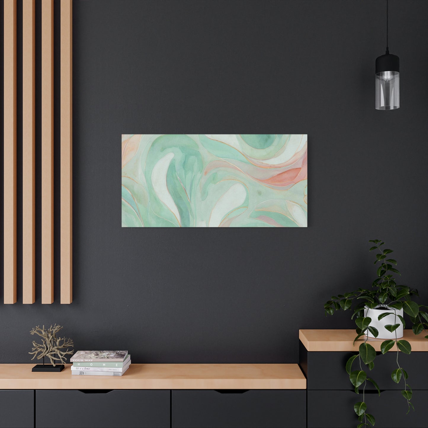 Abstract Green Marble Canvas Print — Teal & Coral Swirl Wall Art