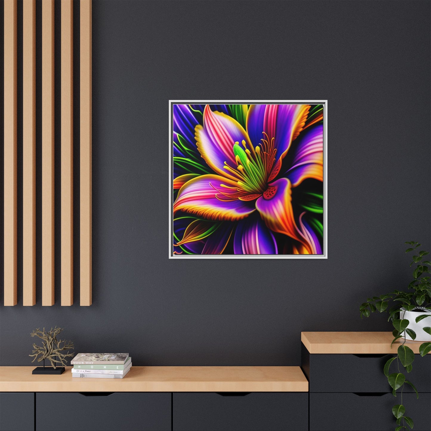 Vibrant Neon Floral Matte Canvas Print — Framed Wall Art