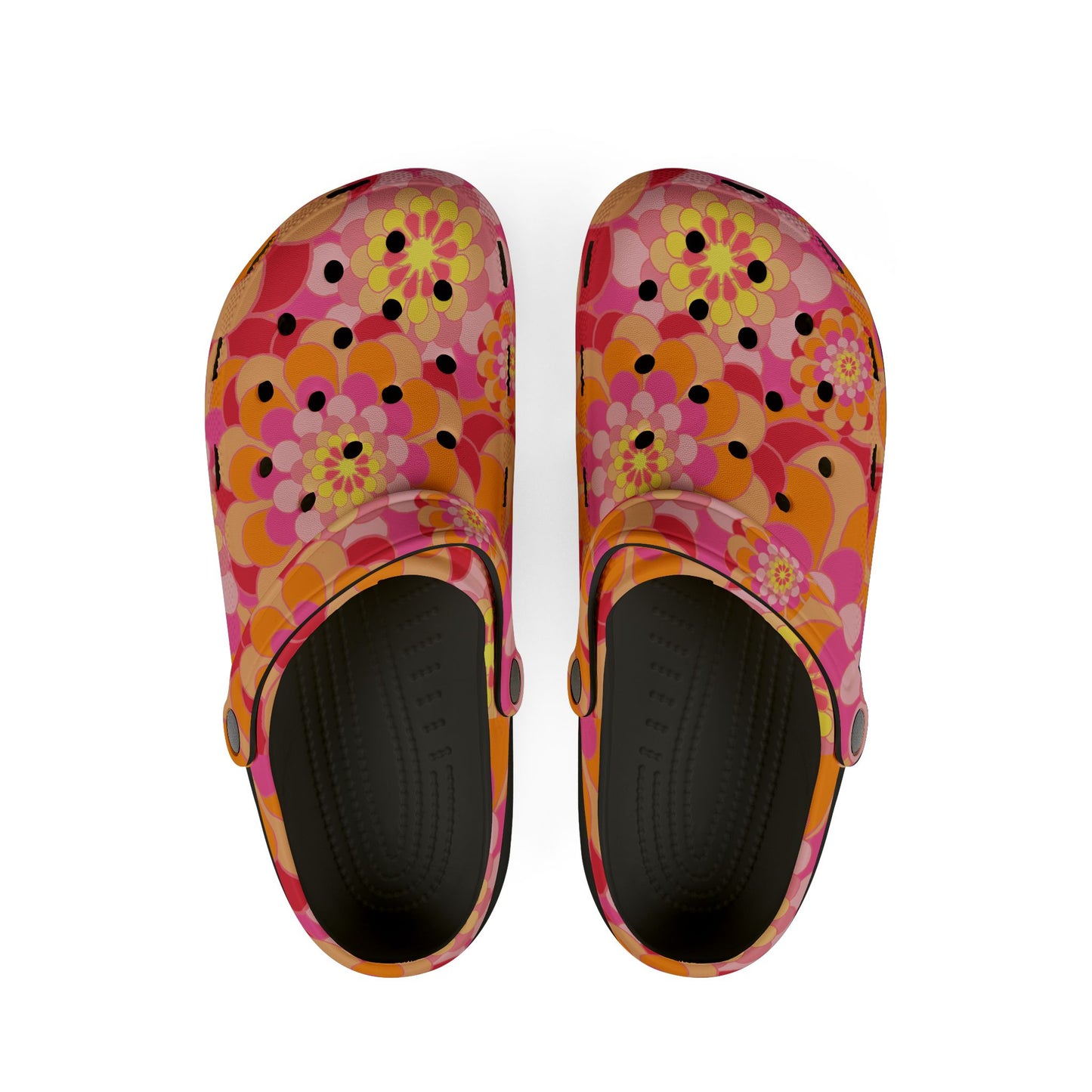 Floral Retro Foam Clogs — Pink Orange Psychedelic Garden Slip-Ons