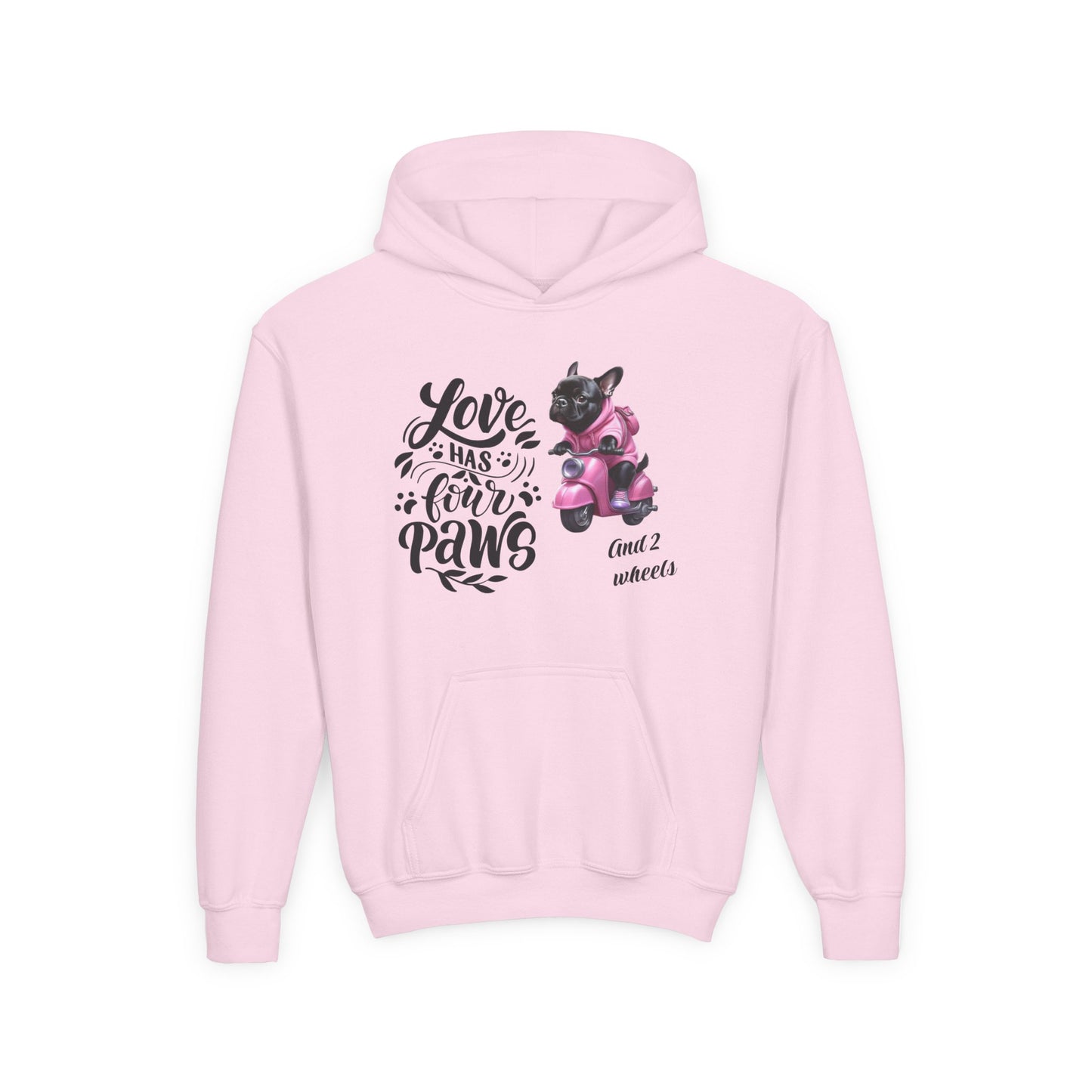 Youth Hoodie — "Love Has Four Paws" Pink Scooter French Bulldog Graphic