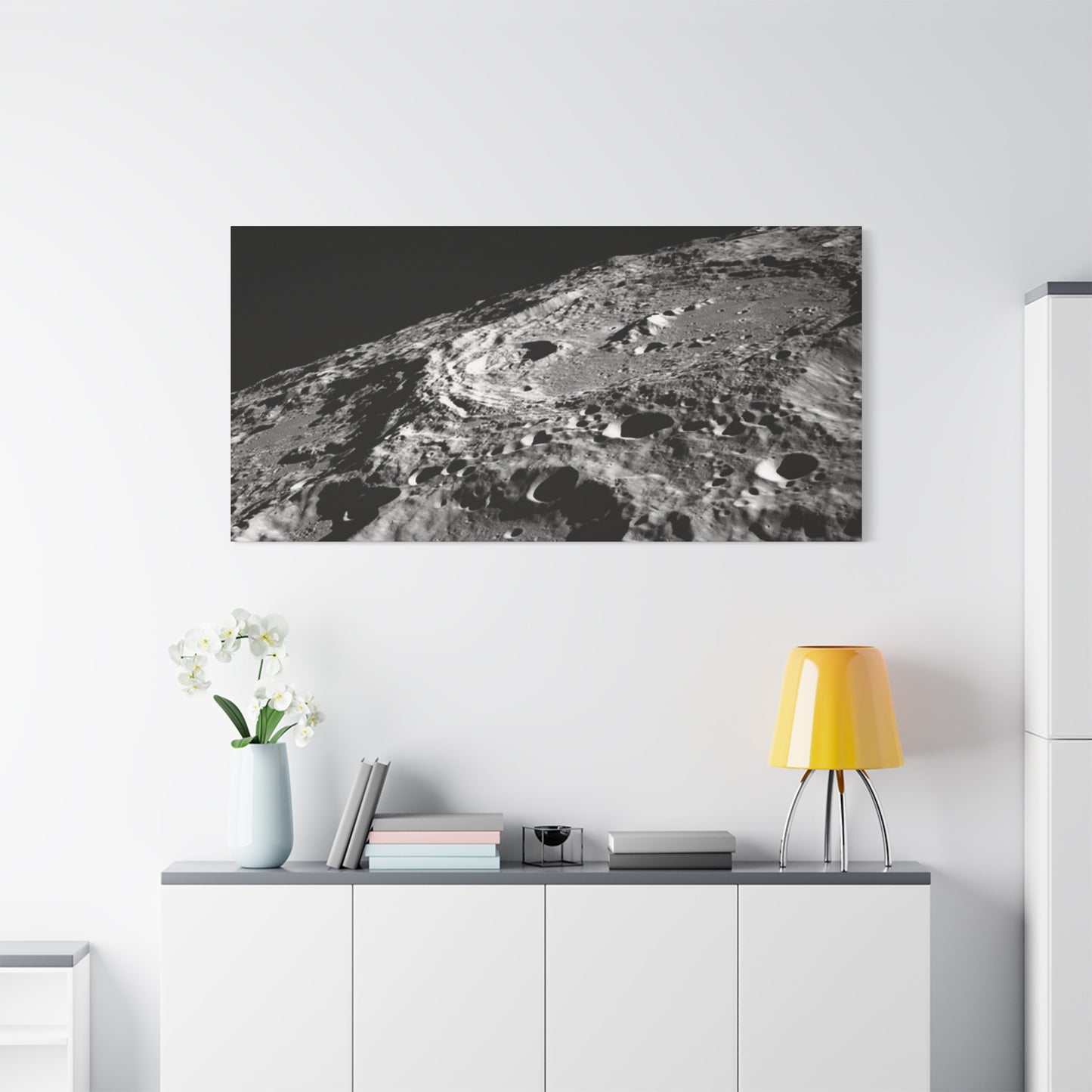 Lunar Surface Matte Canvas Print — Black & White Moon Crater Wall Art