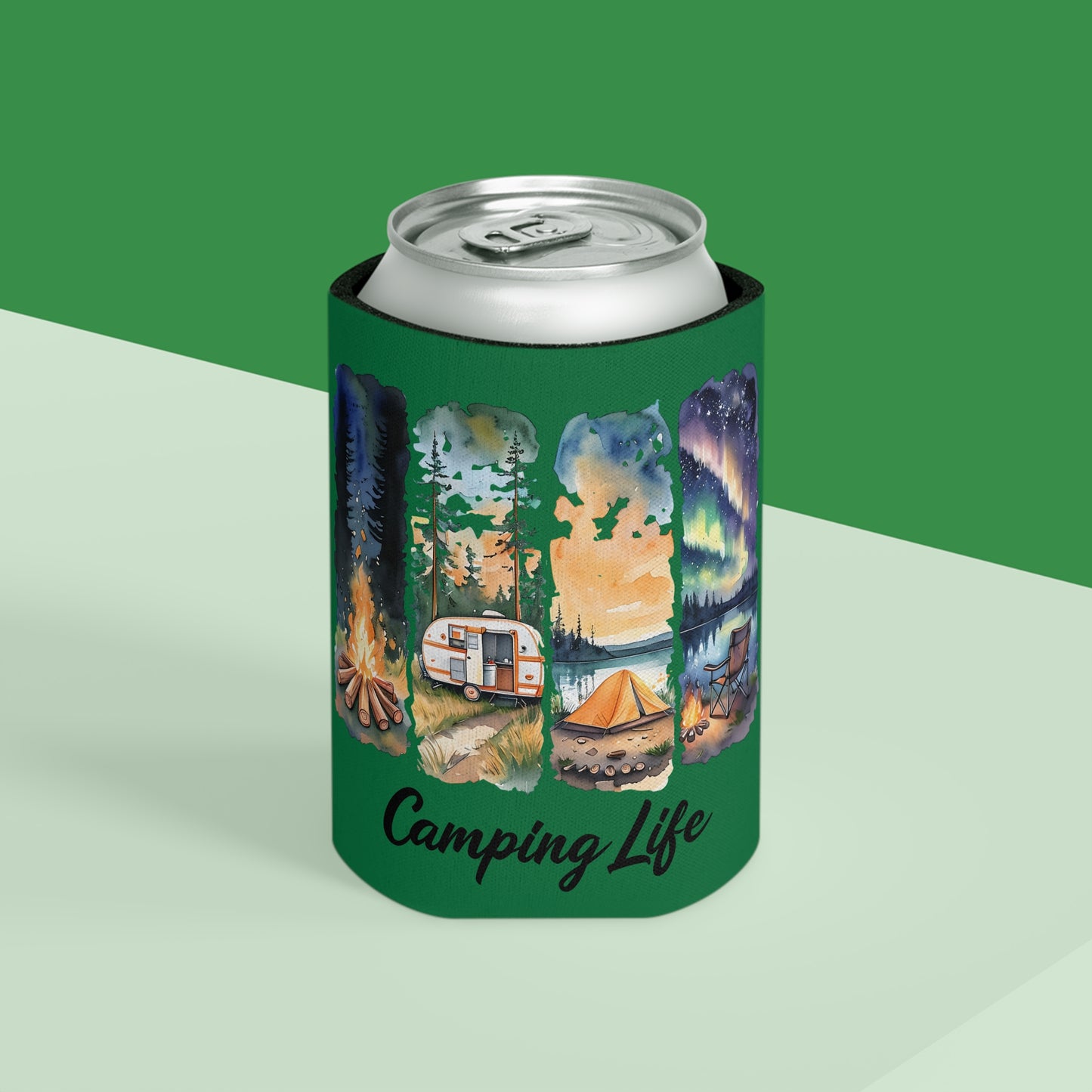 Camping Life Can Cooler – Insulated Beer Cooler with Campsite Watercolor Design